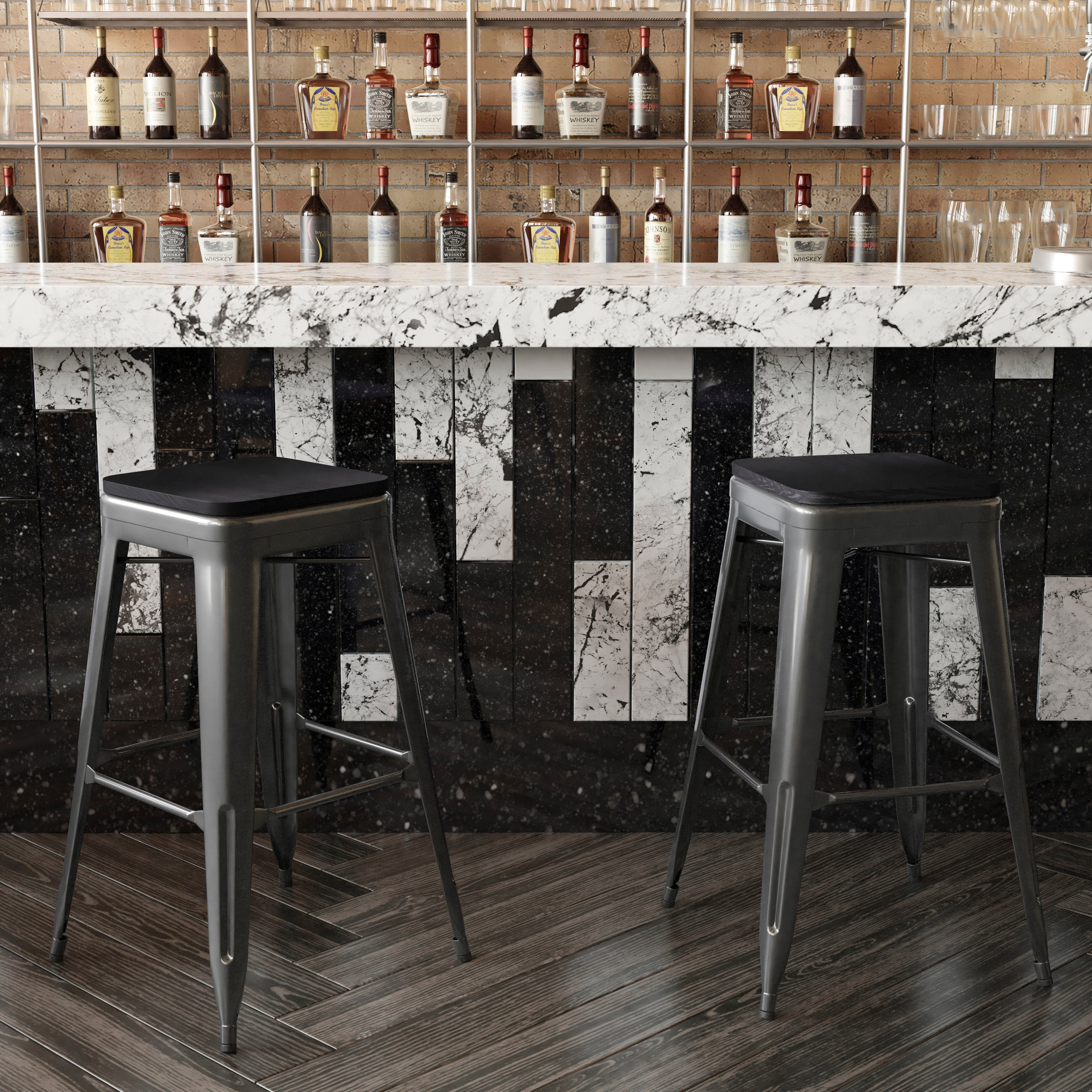 Kai Commercial Grade 30" High Backless Black Metal Indoor-Outdoor Barstool with Black Poly Resin Wood Seat