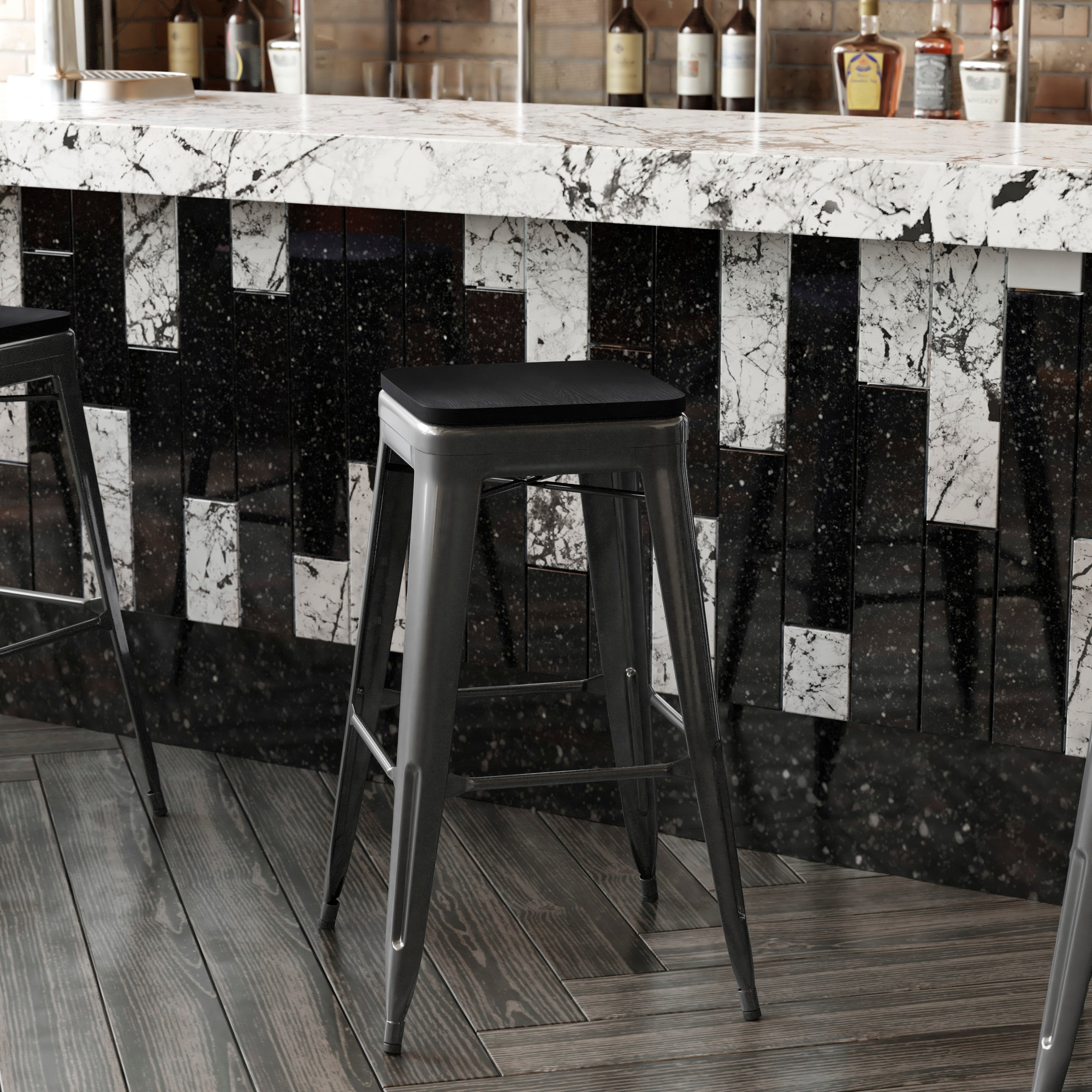 Kai Commercial Grade 30" High Backless Black Metal Indoor-Outdoor Barstool with Black Poly Resin Wood Seat