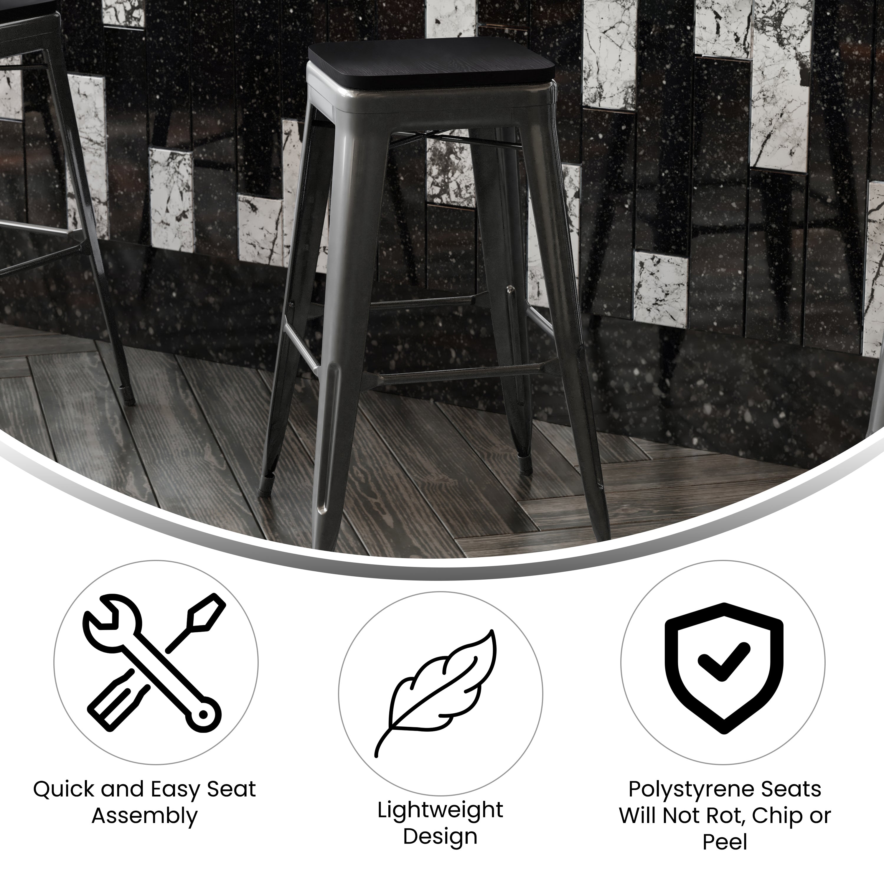 Kai Commercial Grade 30" High Backless Black Metal Indoor-Outdoor Barstool with Black Poly Resin Wood Seat