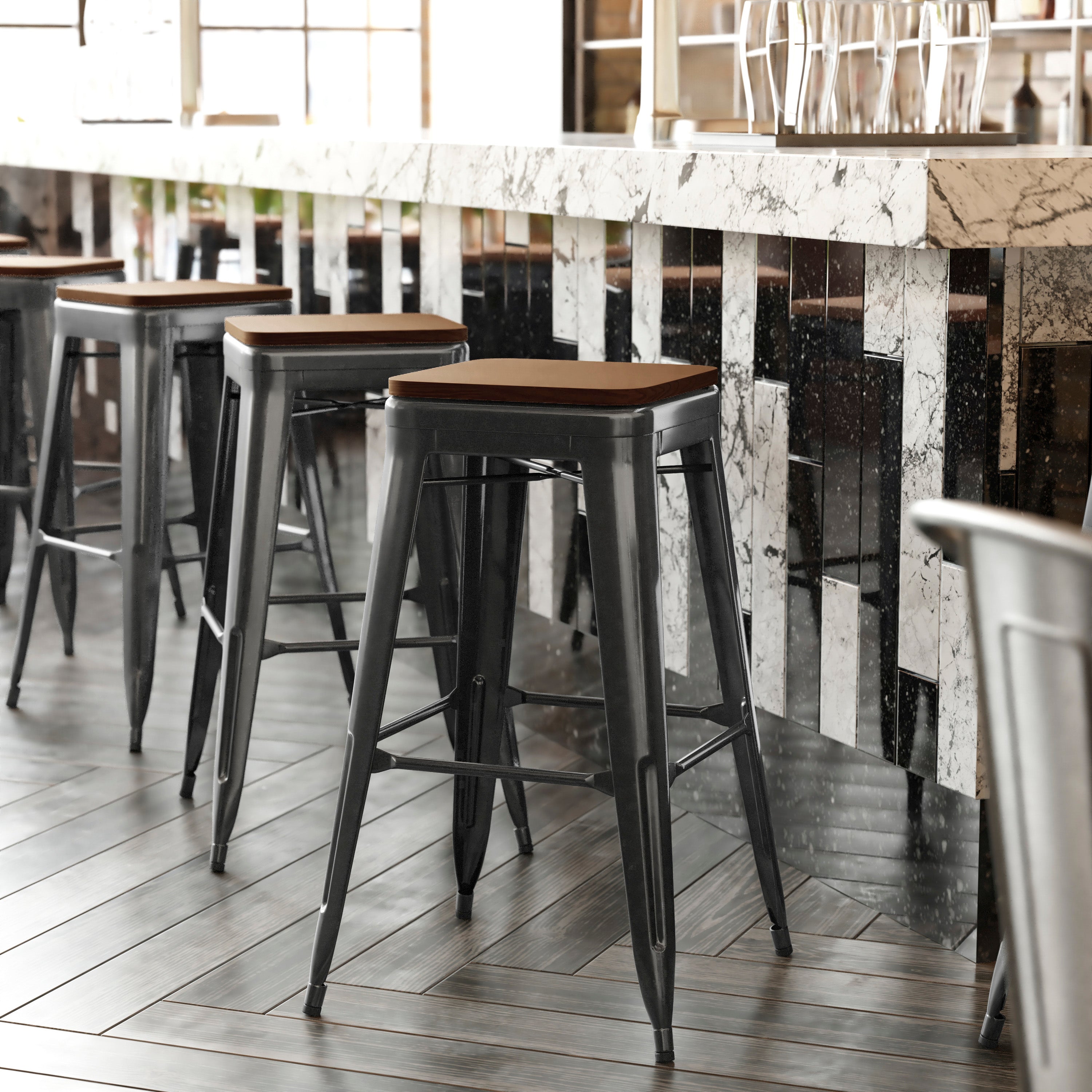 Kai Commercial Grade 30" High Backless Black Metal Indoor-Outdoor Barstool with Teak Poly Resin Wood Seat