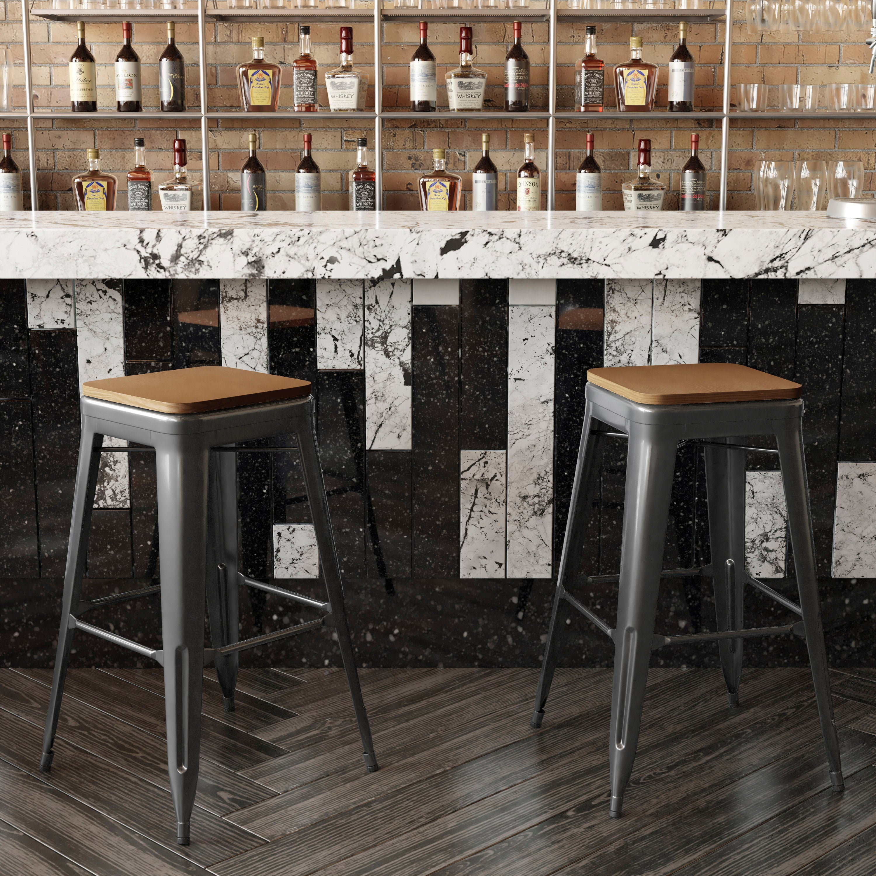 Kai Commercial Grade 30" High Backless Black Metal Indoor-Outdoor Barstool with Teak Poly Resin Wood Seat