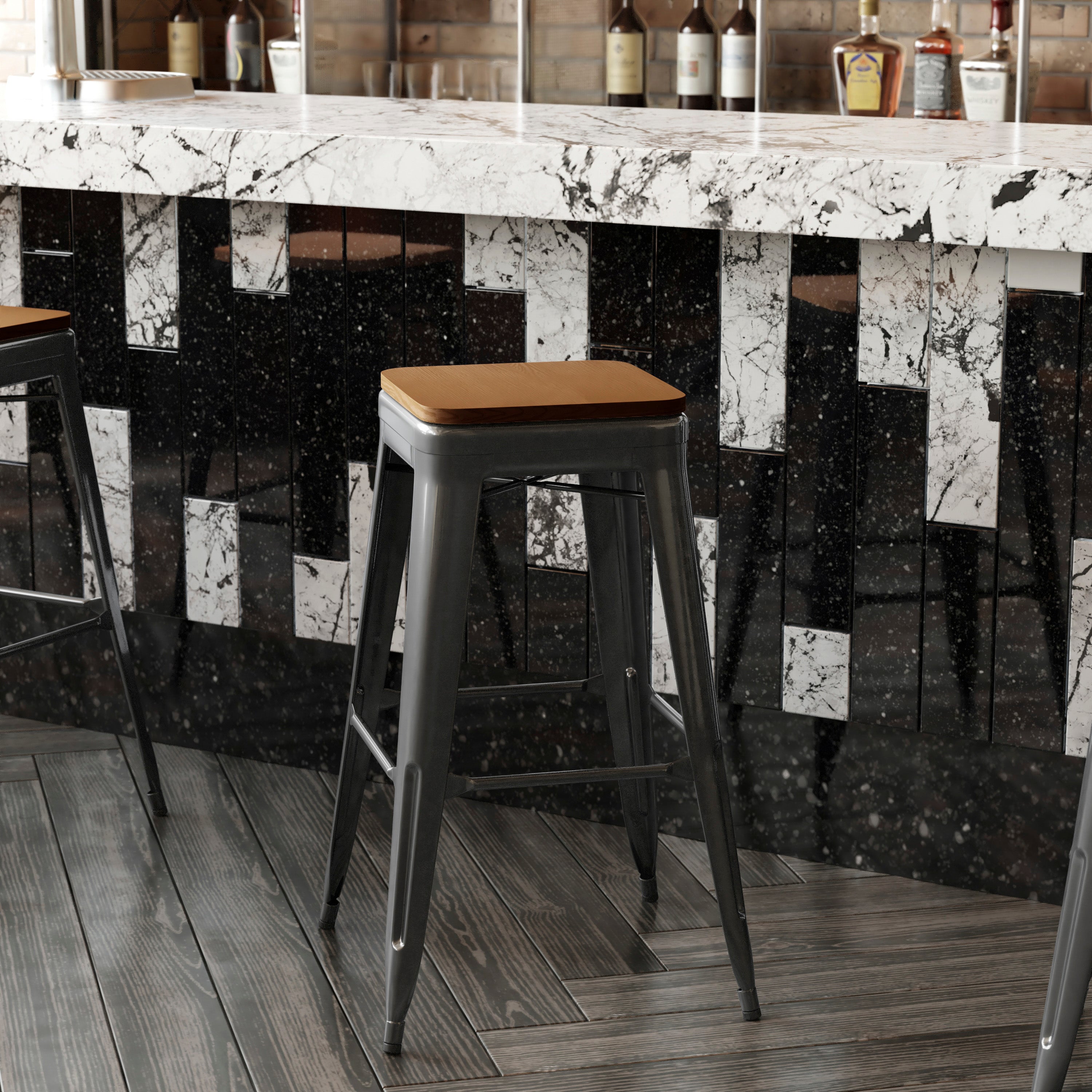 Kai Commercial Grade 30" High Backless Black Metal Indoor-Outdoor Barstool with Teak Poly Resin Wood Seat