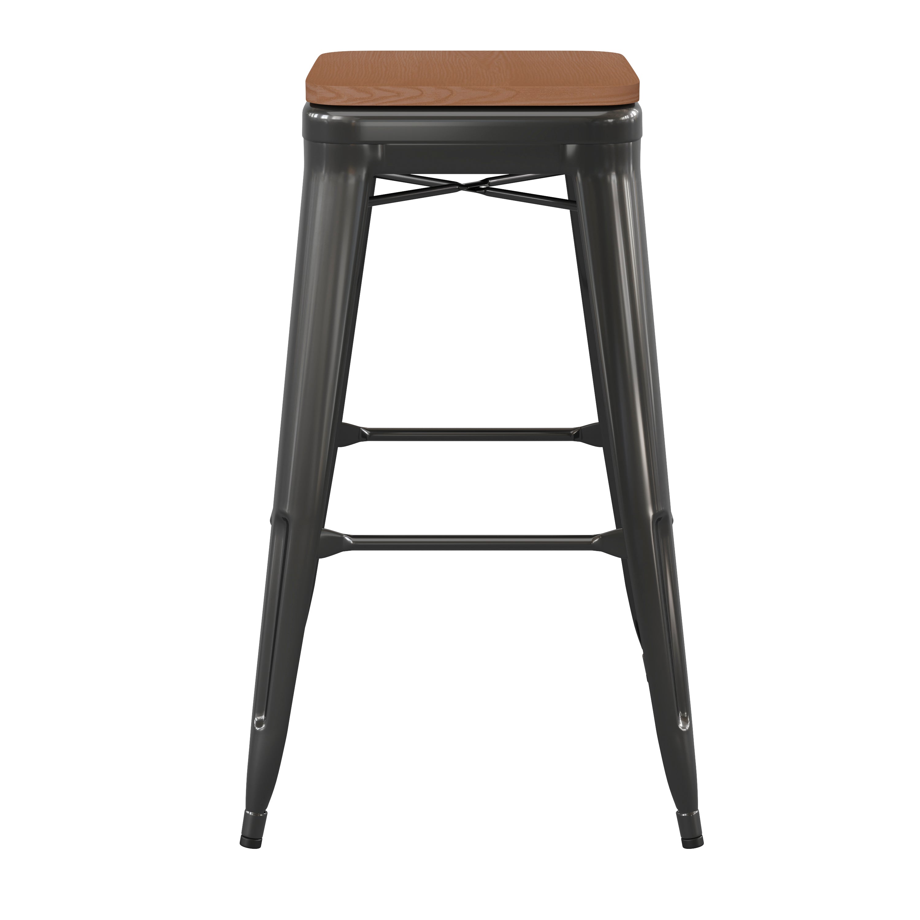 Kai Commercial Grade 30" High Backless Black Metal Indoor-Outdoor Barstool with Teak Poly Resin Wood Seat
