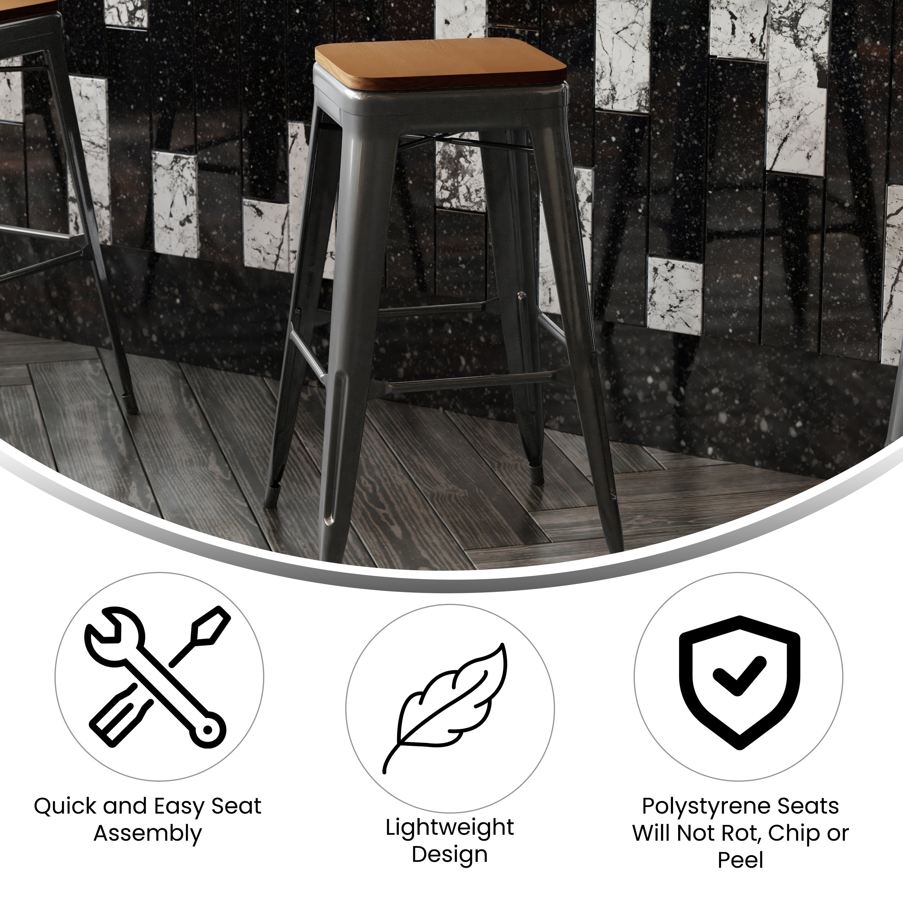 Kai Commercial Grade 30" High Backless Black Metal Indoor-Outdoor Barstool with Teak Poly Resin Wood Seat