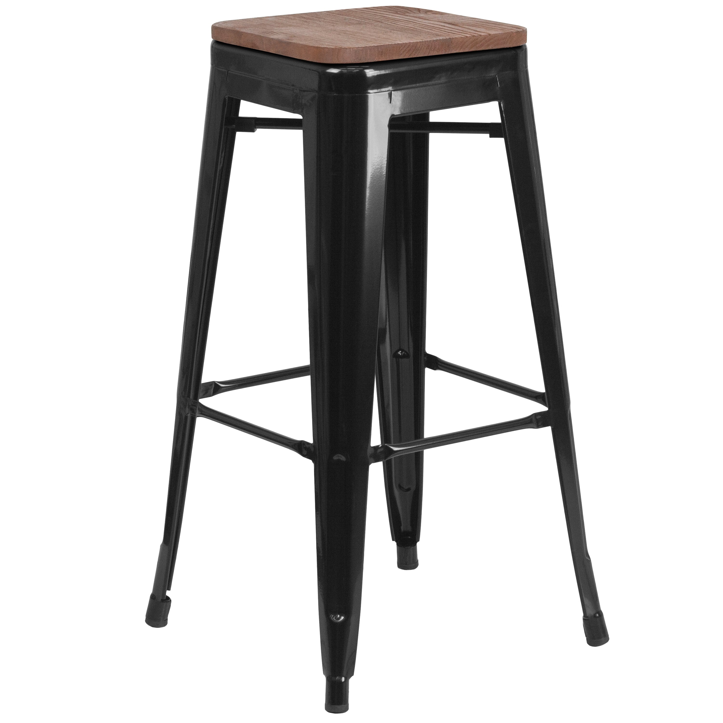 Lily 30" High Backless Black Metal Barstool with Square Wood Seat