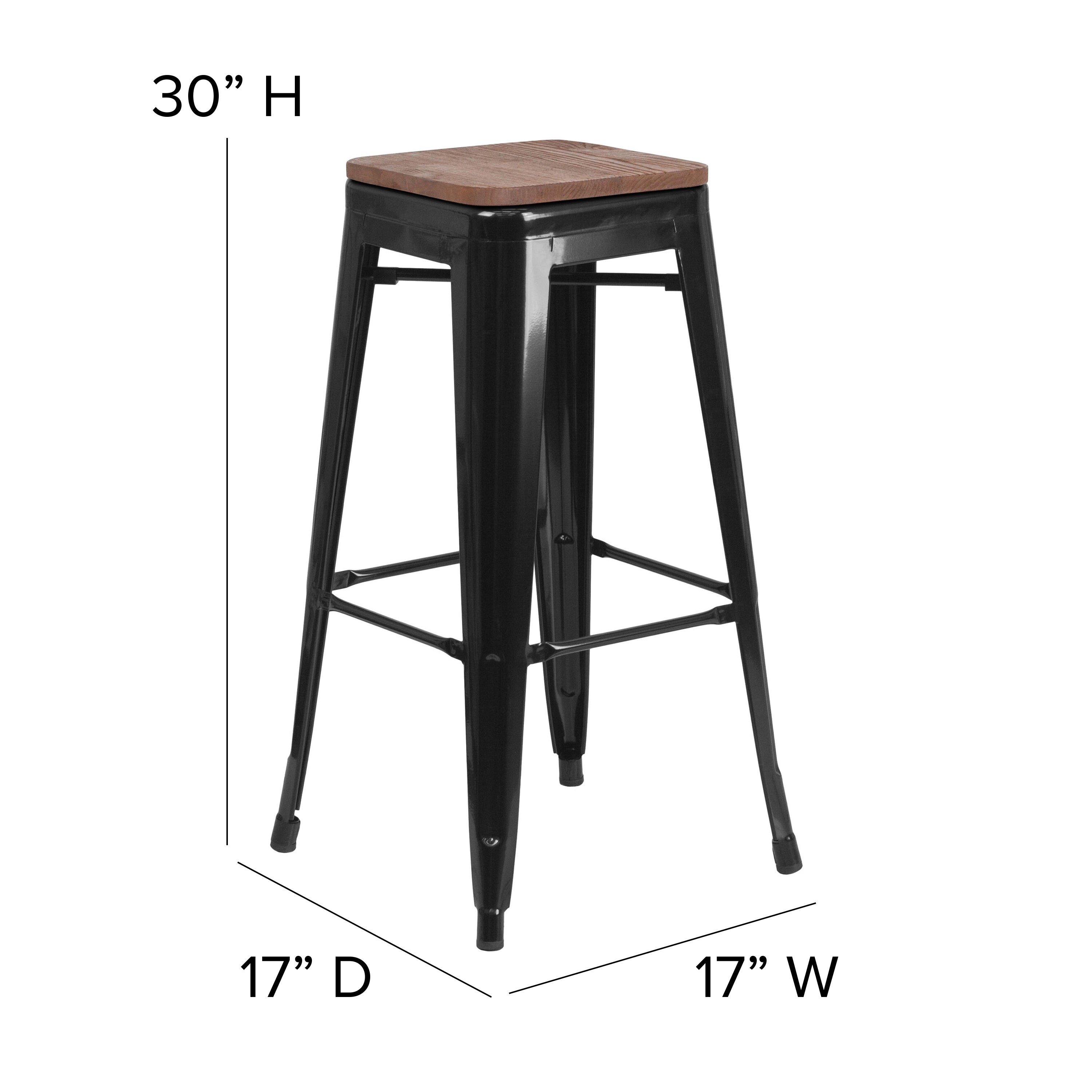 Lily 30" High Backless Black Metal Barstool with Square Wood Seat