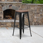 Lily 30" High Backless Black Metal Barstool with Square Wood Seat