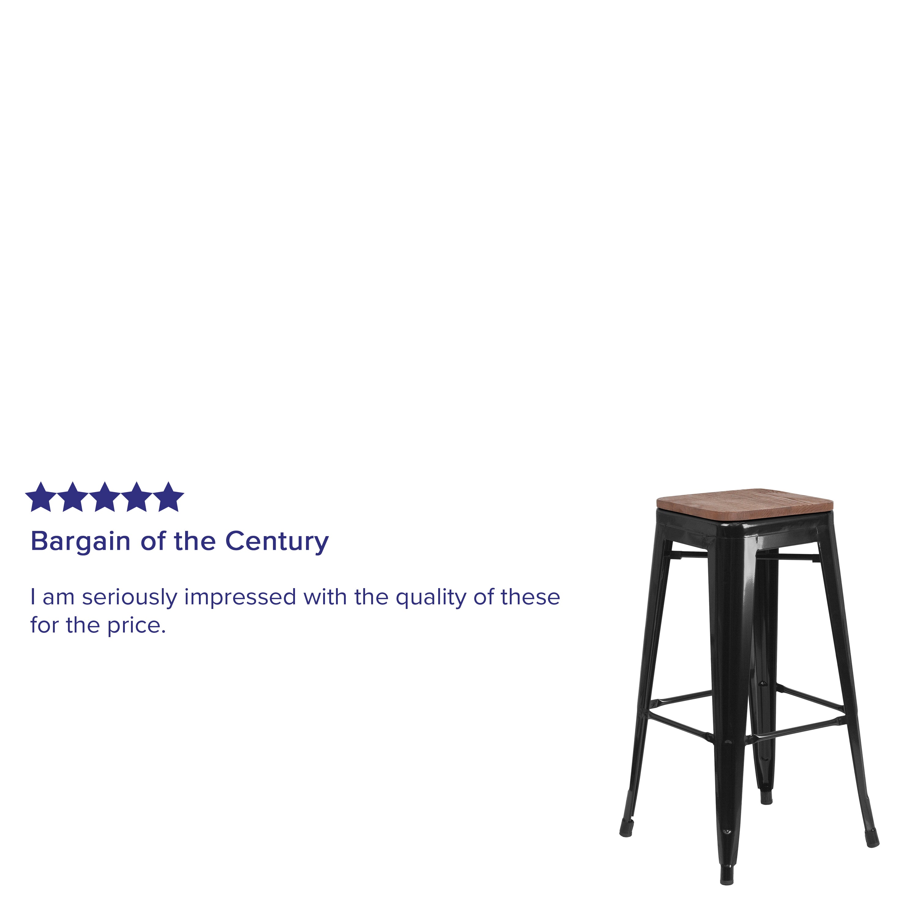 Lily 30" High Backless Black Metal Barstool with Square Wood Seat