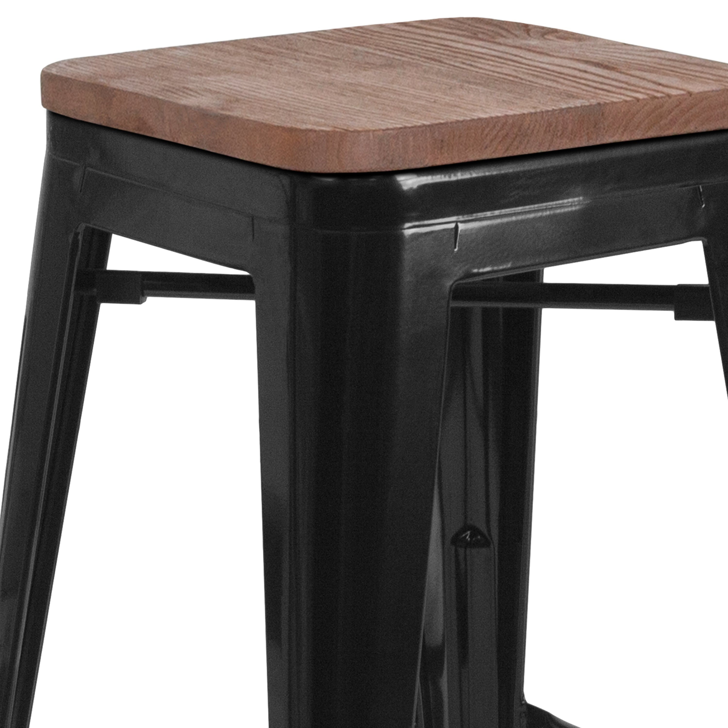 Lily 30" High Backless Black Metal Barstool with Square Wood Seat