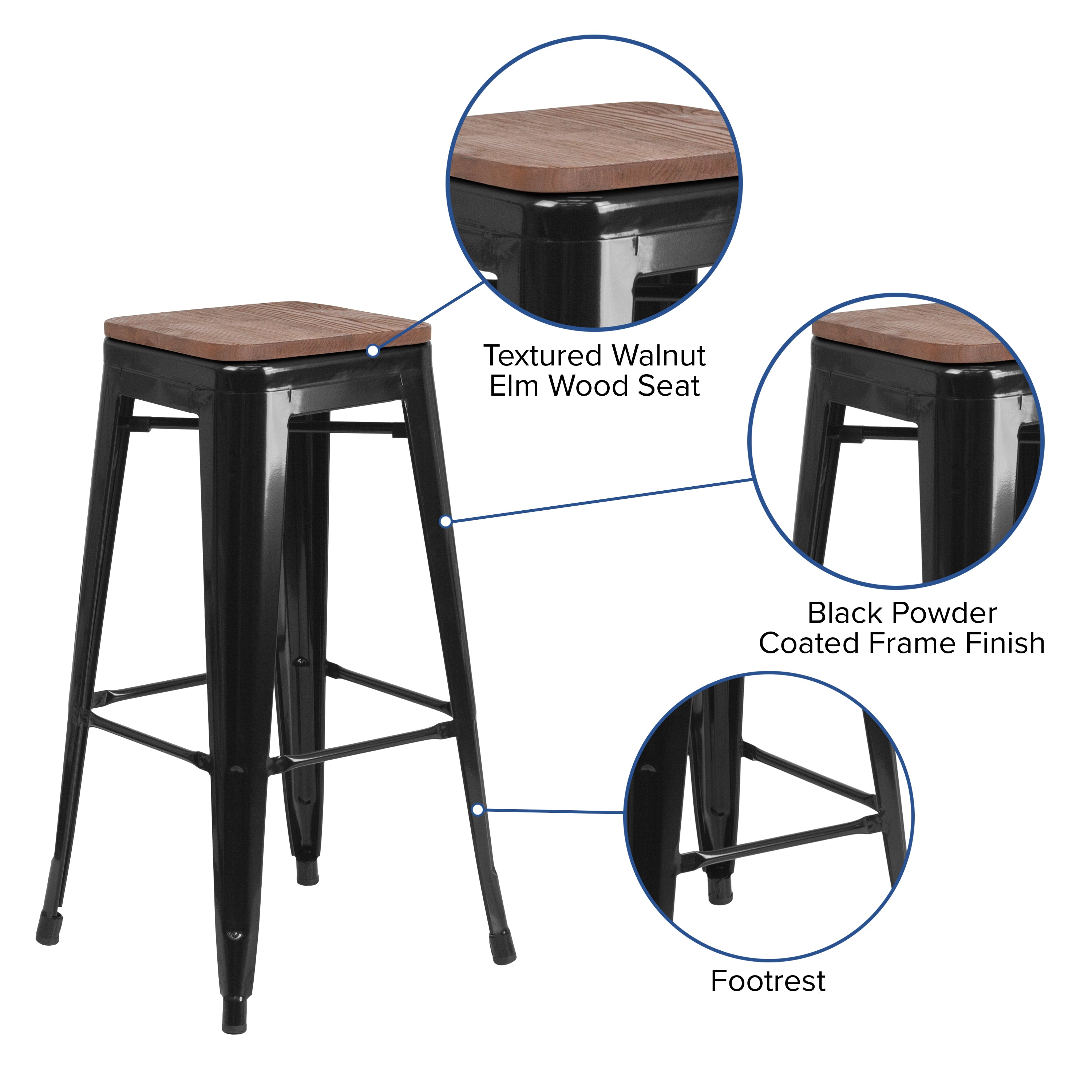 Lily 30" High Backless Black Metal Barstool with Square Wood Seat
