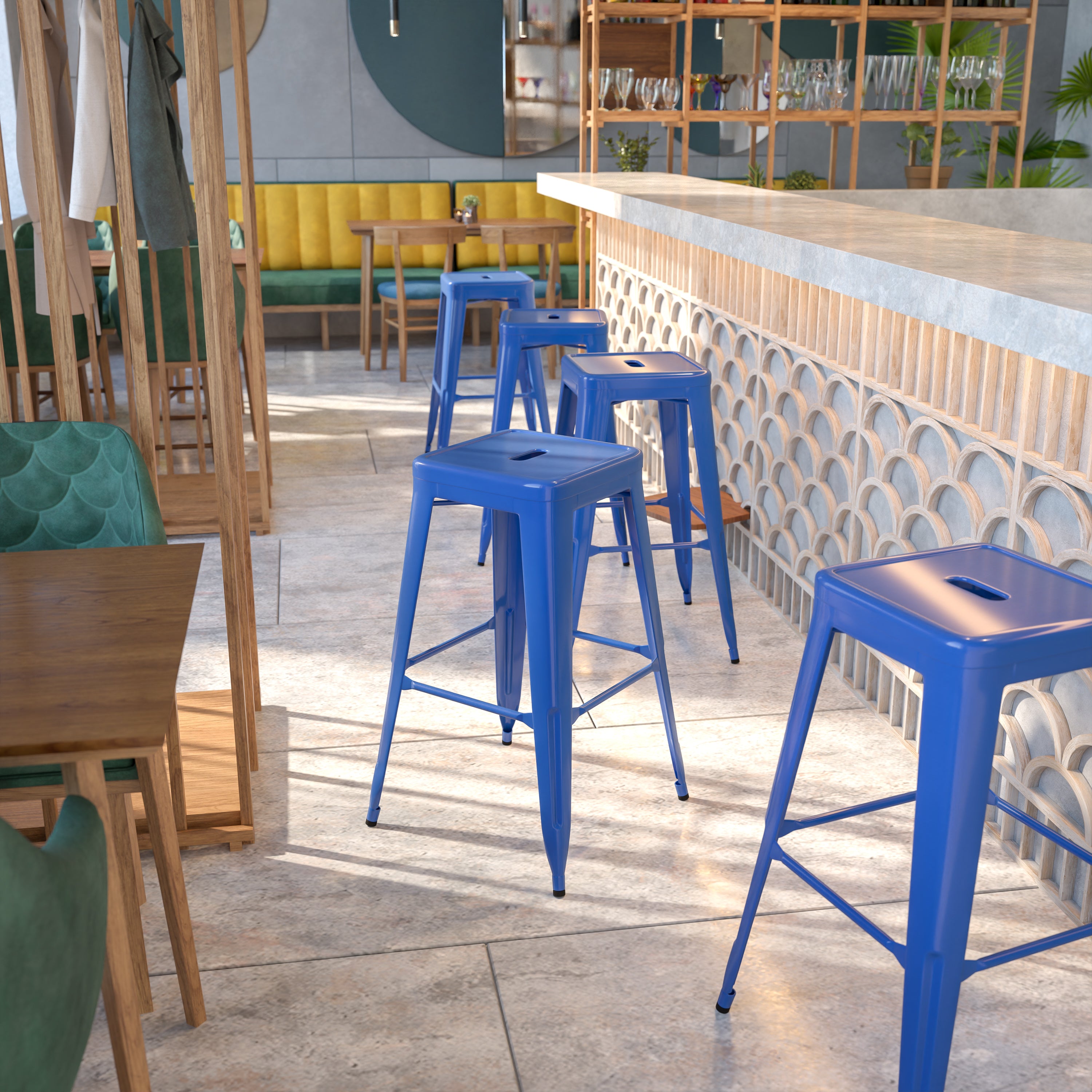 Kai Commercial Grade 30" High Backless Blue Metal Indoor-Outdoor Barstool with Square Seat