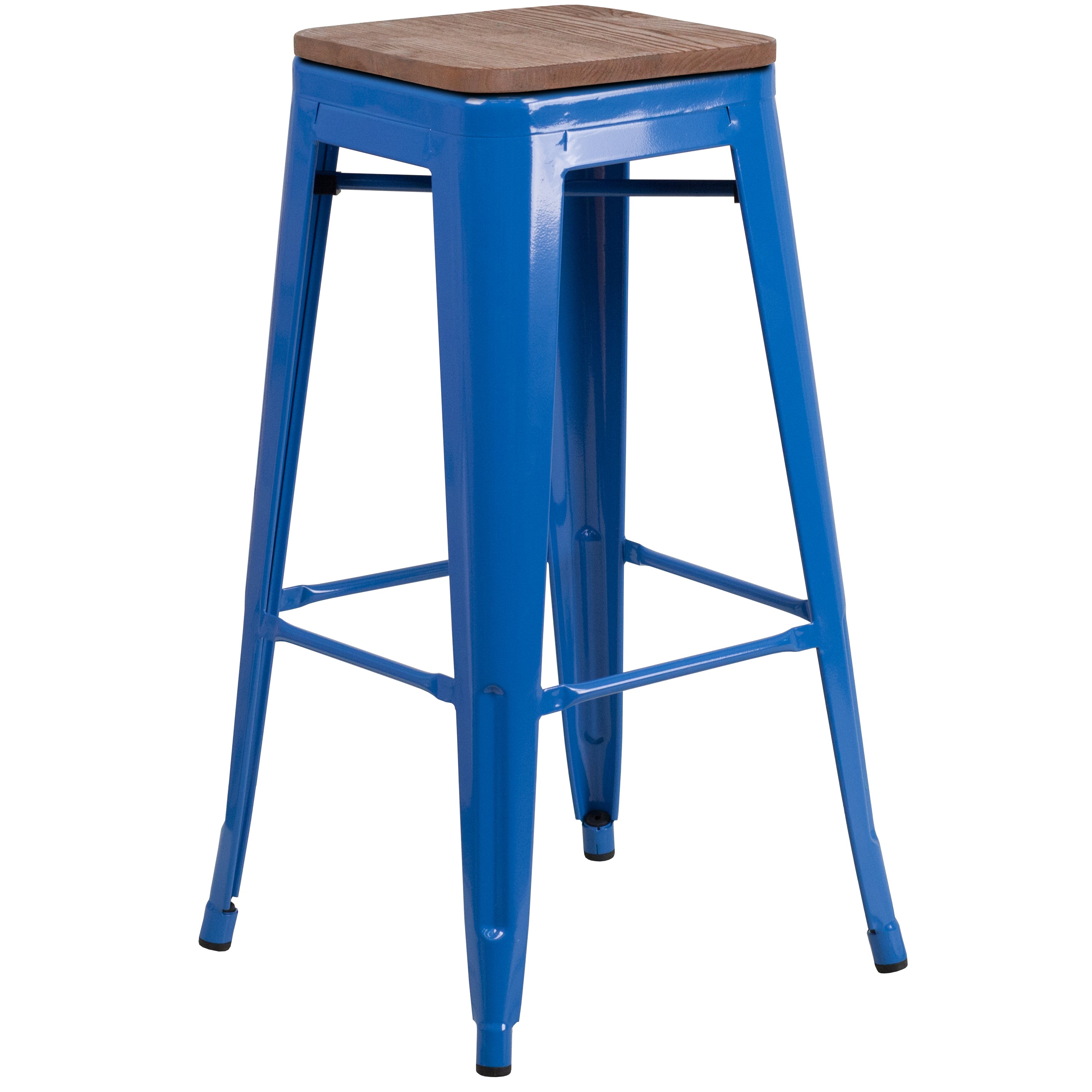 Lily 30" High Backless Blue Metal Barstool with Square Wood Seat