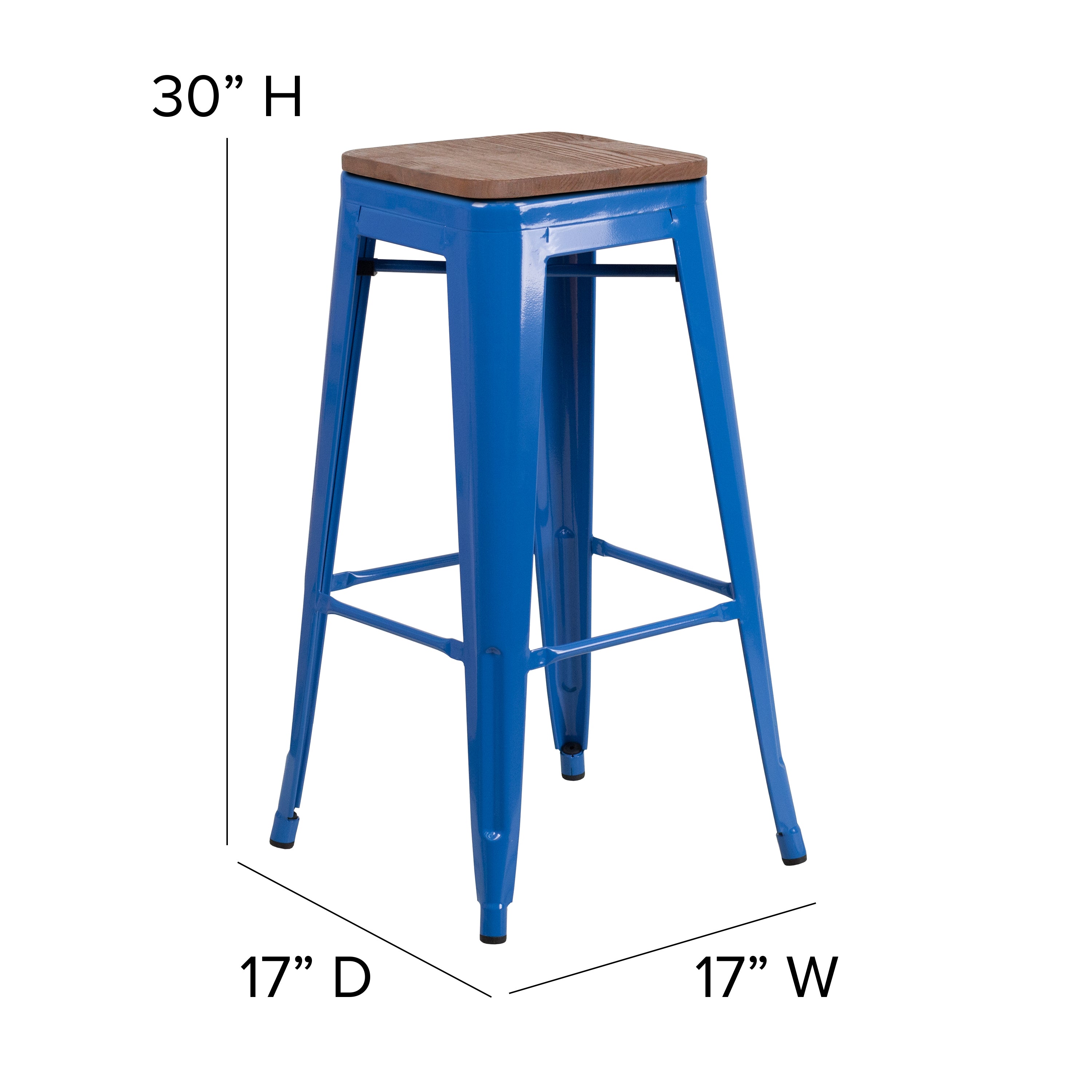 Lily 30" High Backless Blue Metal Barstool with Square Wood Seat