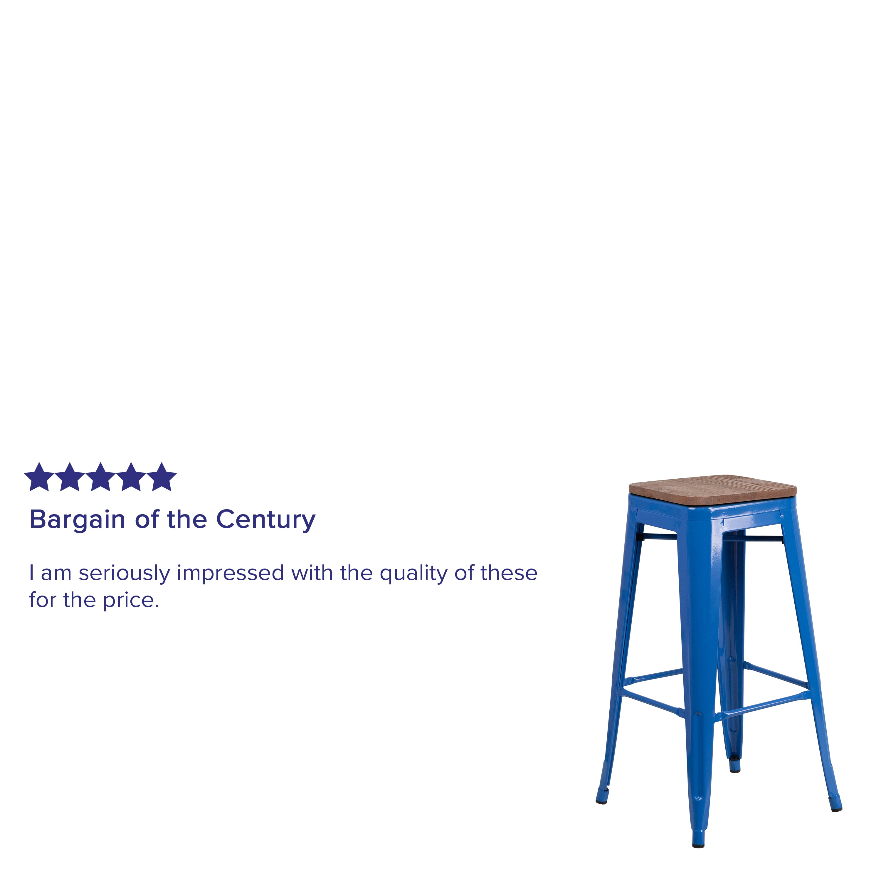 Lily 30" High Backless Blue Metal Barstool with Square Wood Seat