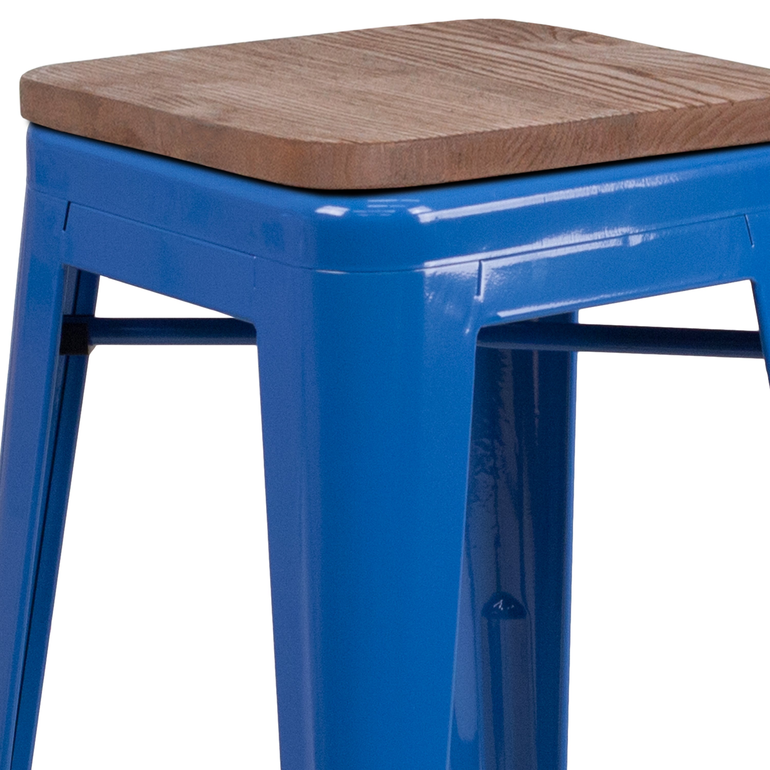 Lily 30" High Backless Blue Metal Barstool with Square Wood Seat