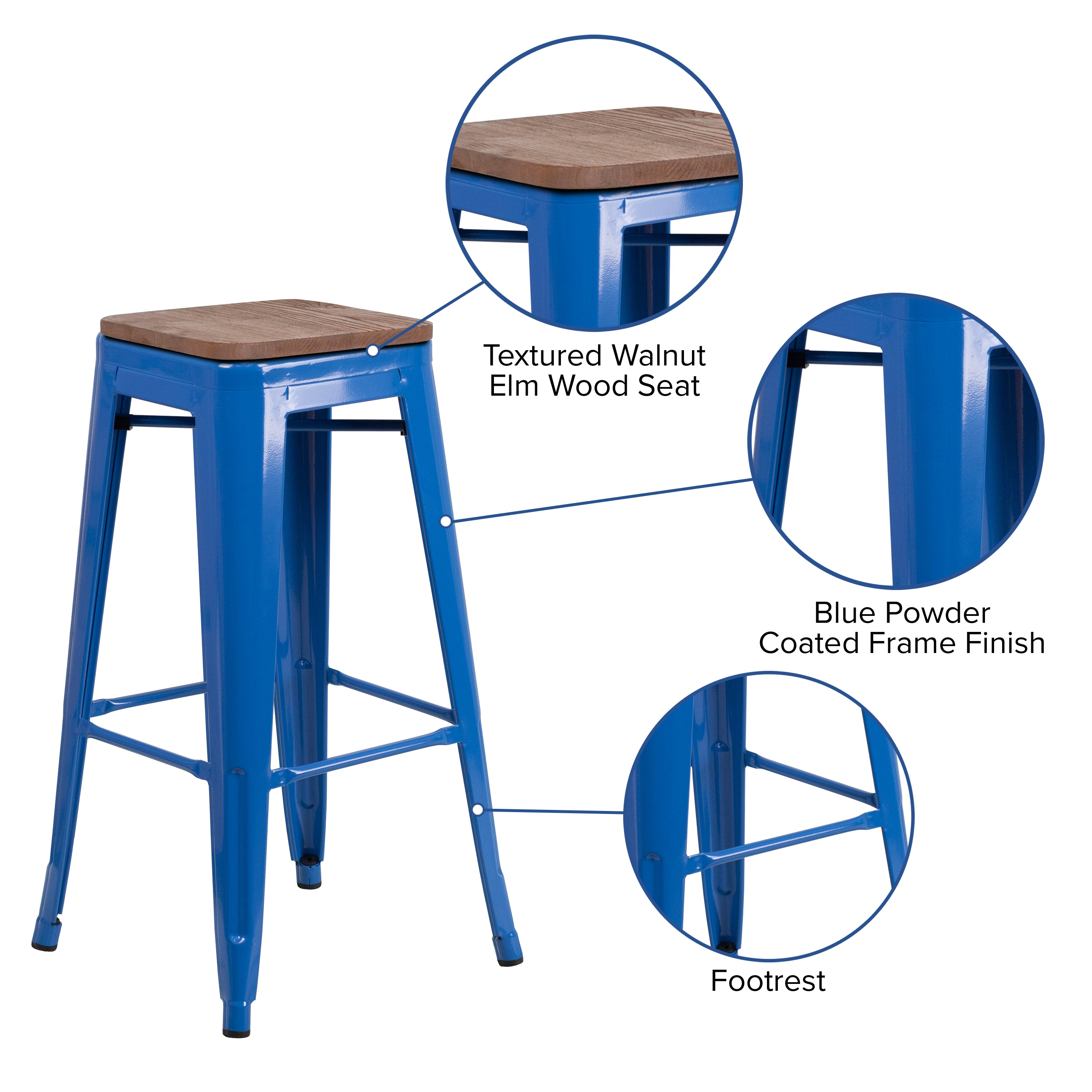 Lily 30" High Backless Blue Metal Barstool with Square Wood Seat