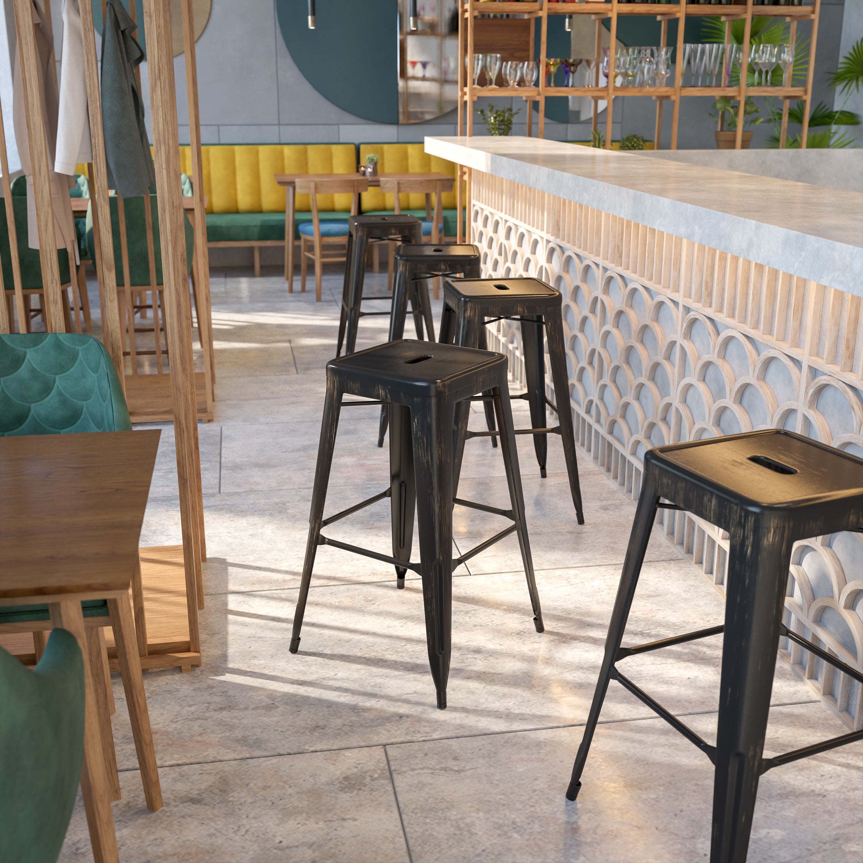 Kai Commercial Grade 30" High Backless Black-Antique Gold Metal Indoor-Outdoor Barstool with Square Seat