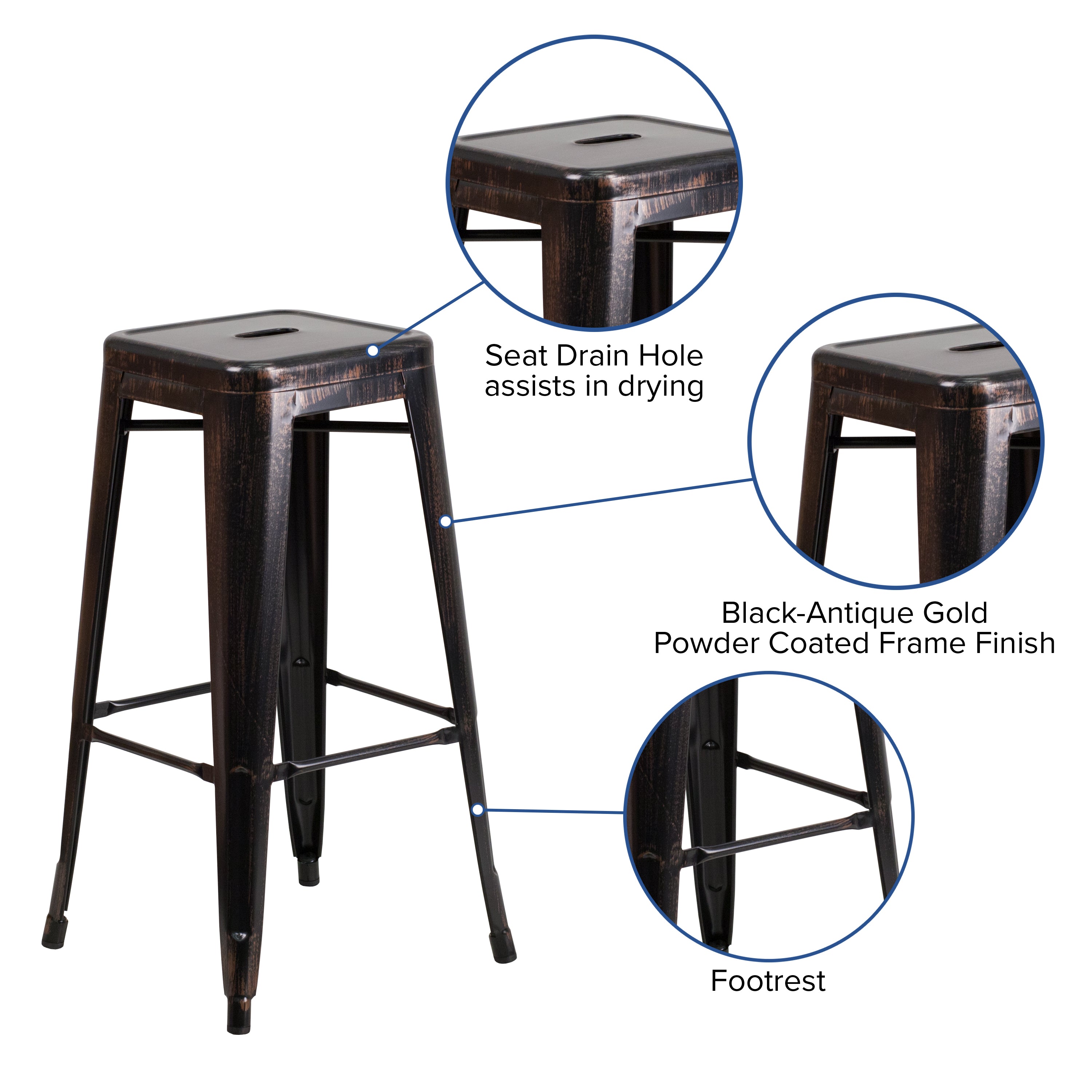 Kai Commercial Grade 30" High Backless Black-Antique Gold Metal Indoor-Outdoor Barstool with Square Seat