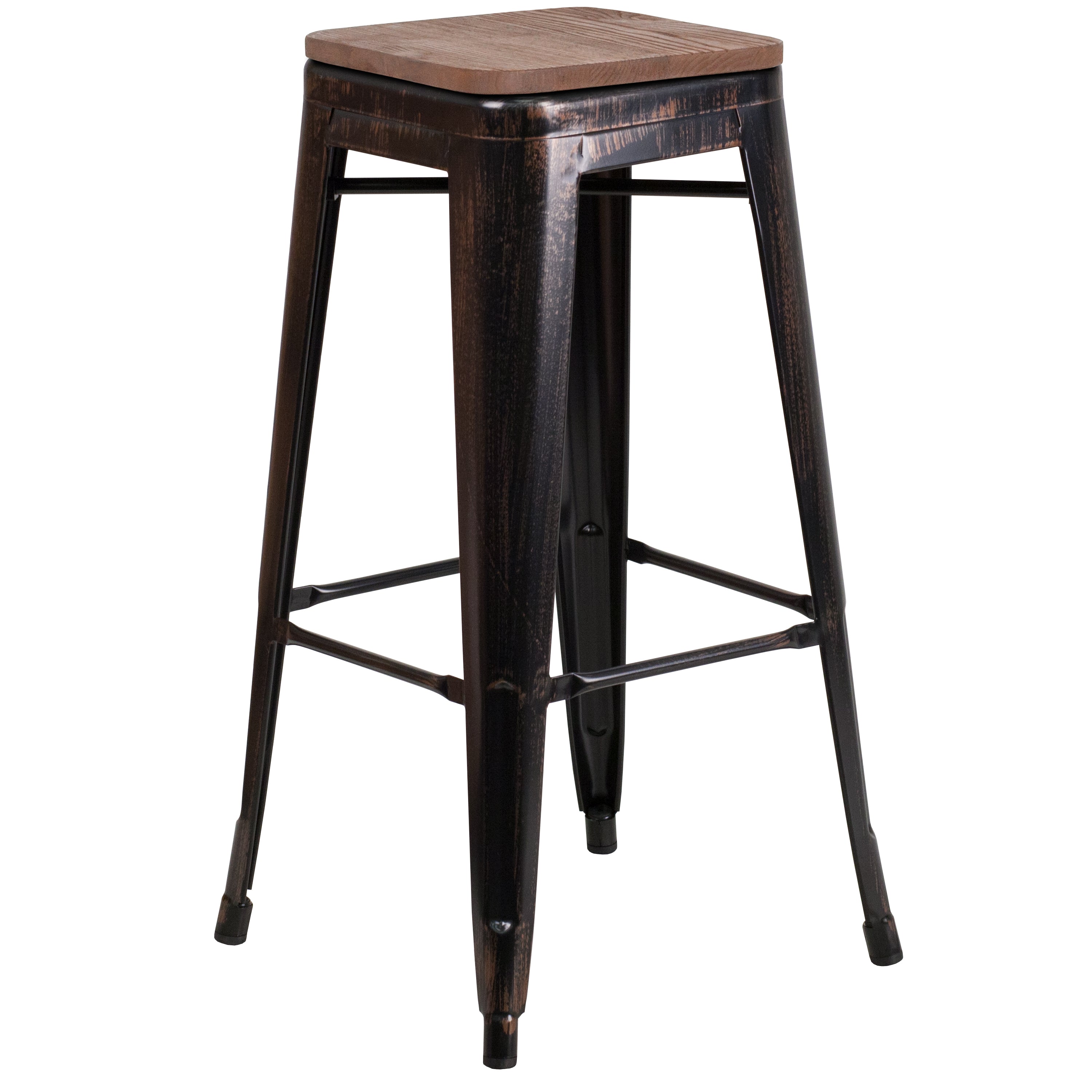 Lily 30" High Backless Black-Antique Gold Metal Barstool with Square Wood Seat