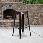Lily 30" High Backless Black-Antique Gold Metal Barstool with Square Wood Seat