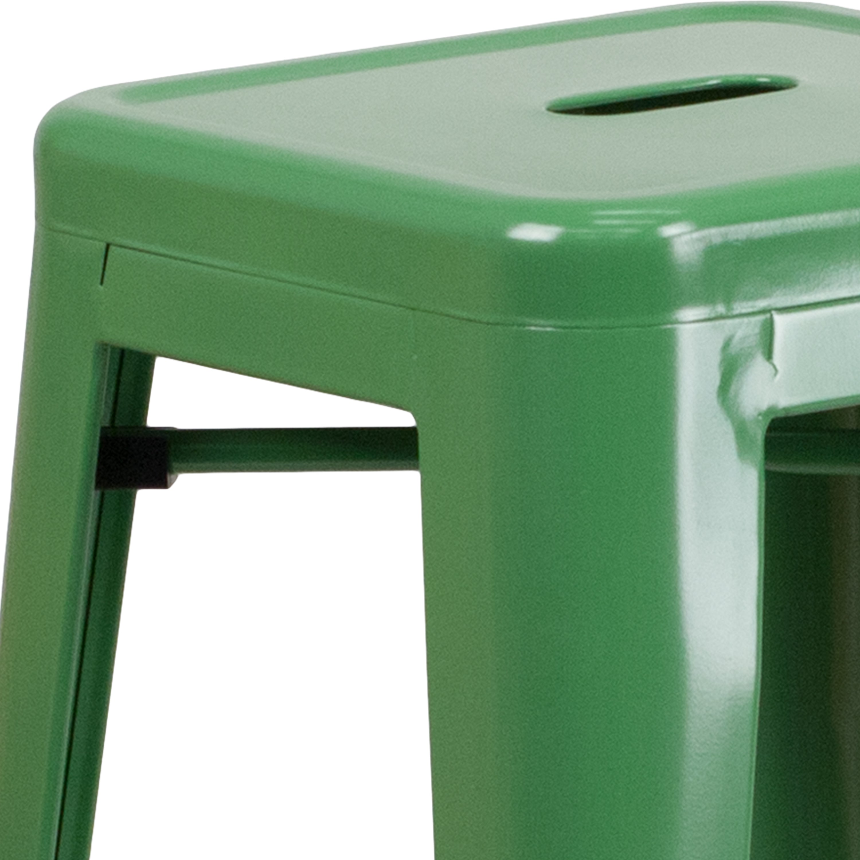 Kai Commercial Grade 30" High Backless Green Metal Indoor-Outdoor Barstool with Square Seat