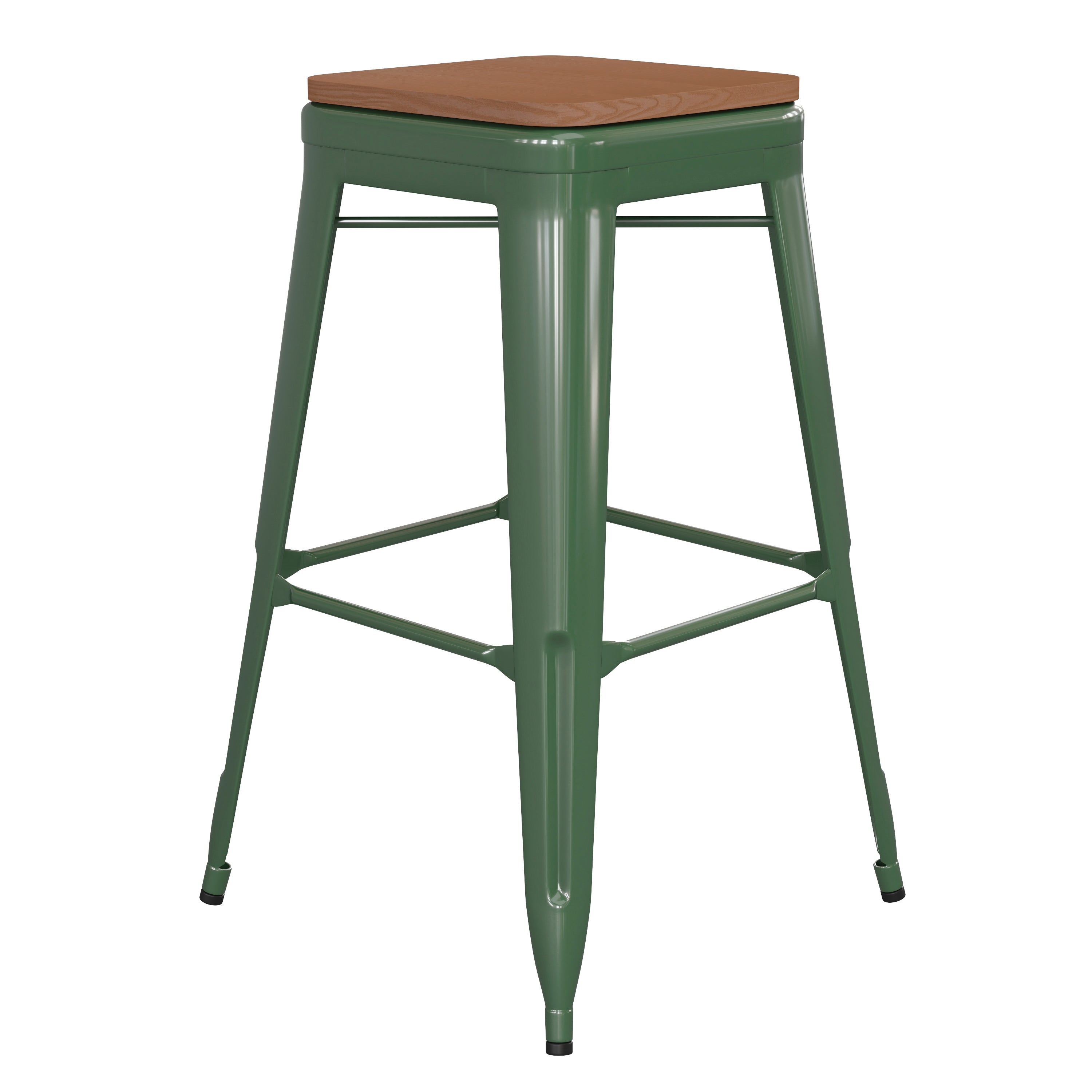 Kai Commercial Grade 30" High Backless Green Metal Indoor-Outdoor Barstool with Teak Poly Resin Wood Seat
