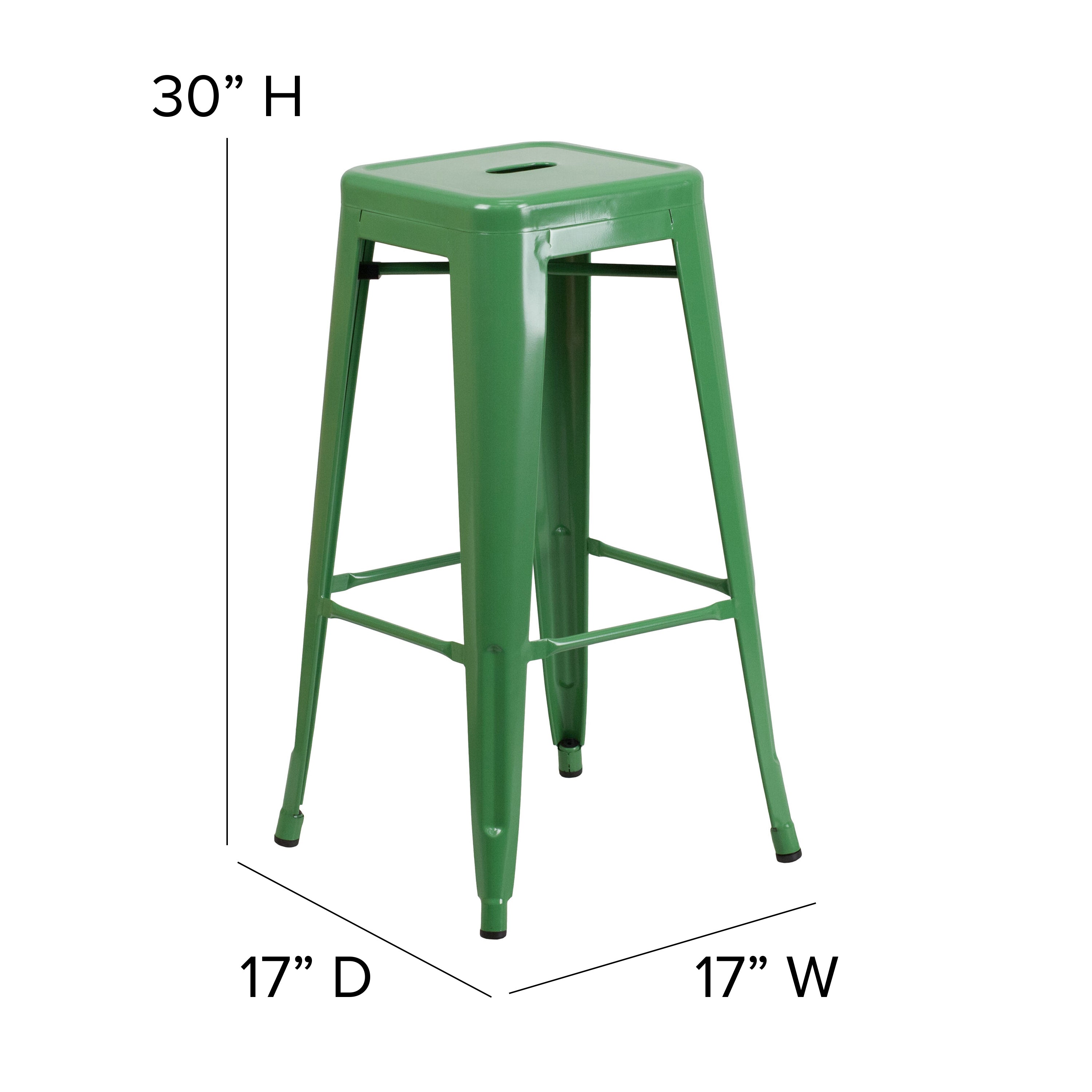 Kai Commercial Grade 30" High Backless Green Metal Indoor-Outdoor Barstool with Teak Poly Resin Wood Seat