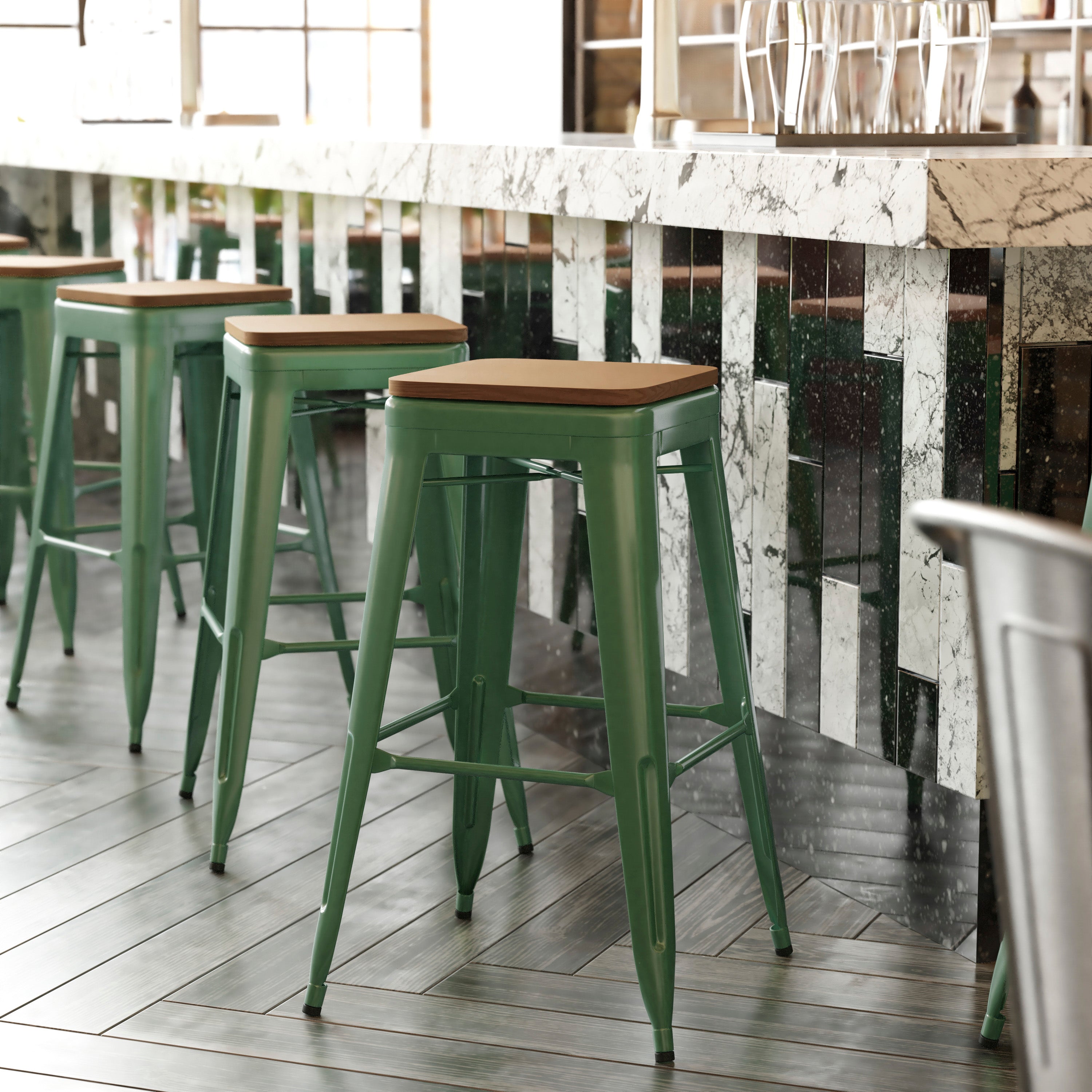 Kai Commercial Grade 30" High Backless Green Metal Indoor-Outdoor Barstool with Teak Poly Resin Wood Seat