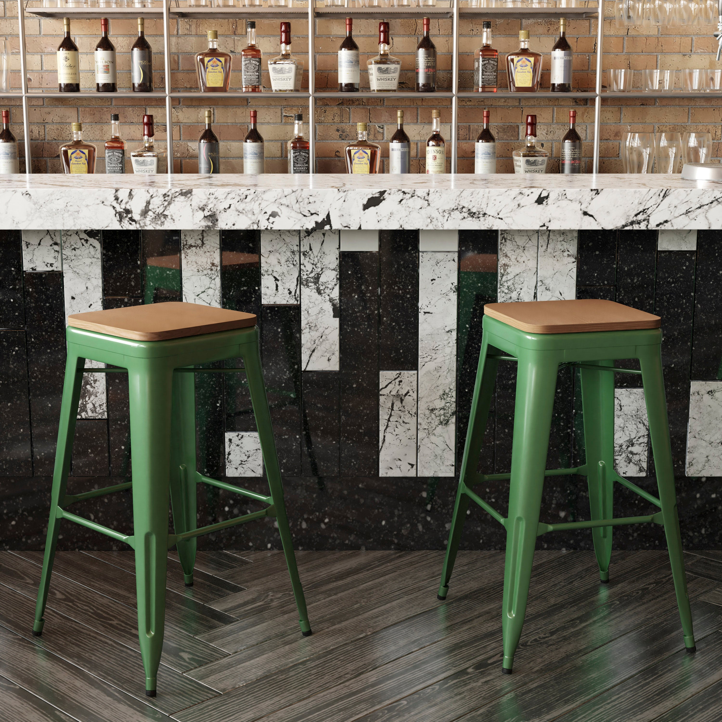 Kai Commercial Grade 30" High Backless Green Metal Indoor-Outdoor Barstool with Teak Poly Resin Wood Seat
