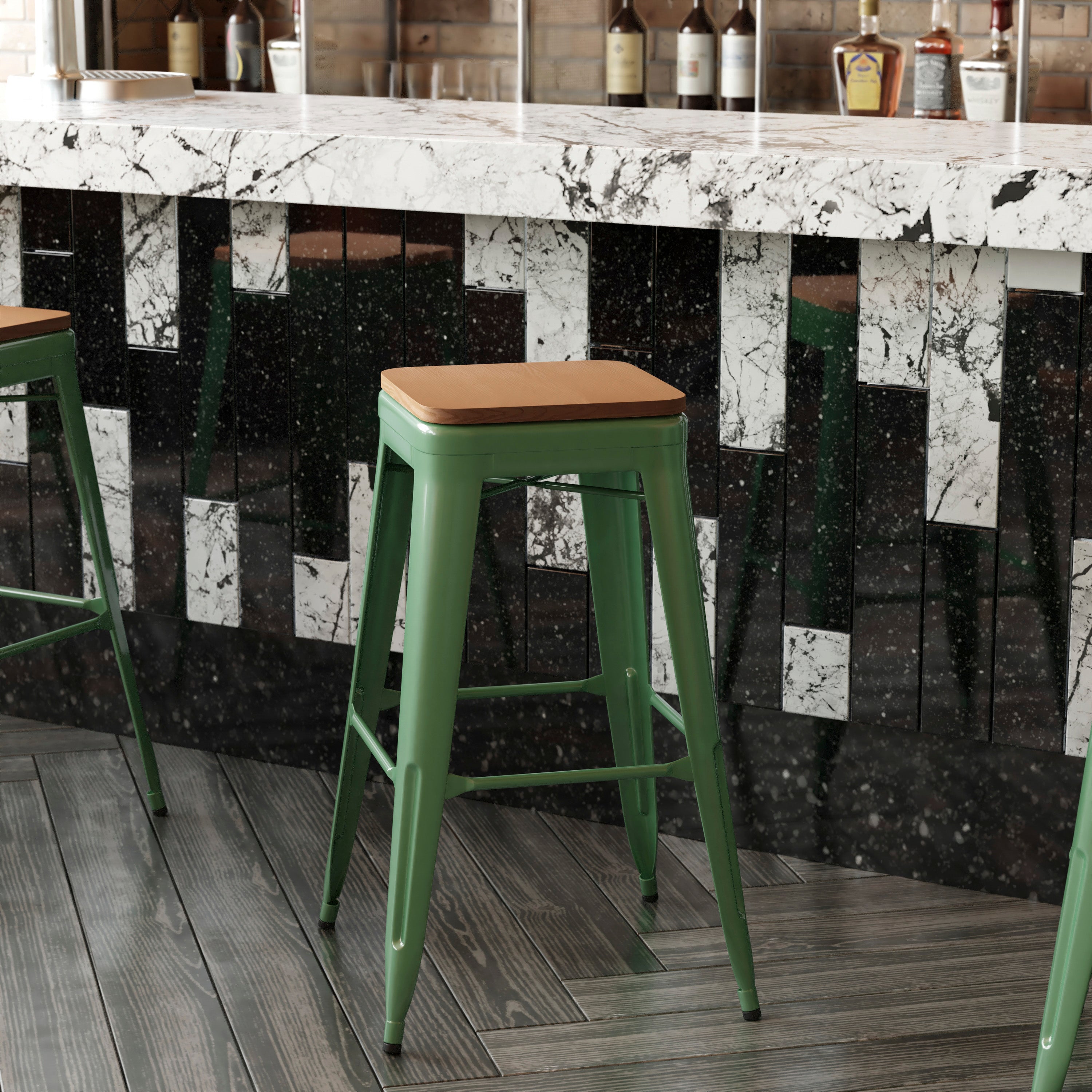 Kai Commercial Grade 30" High Backless Green Metal Indoor-Outdoor Barstool with Teak Poly Resin Wood Seat