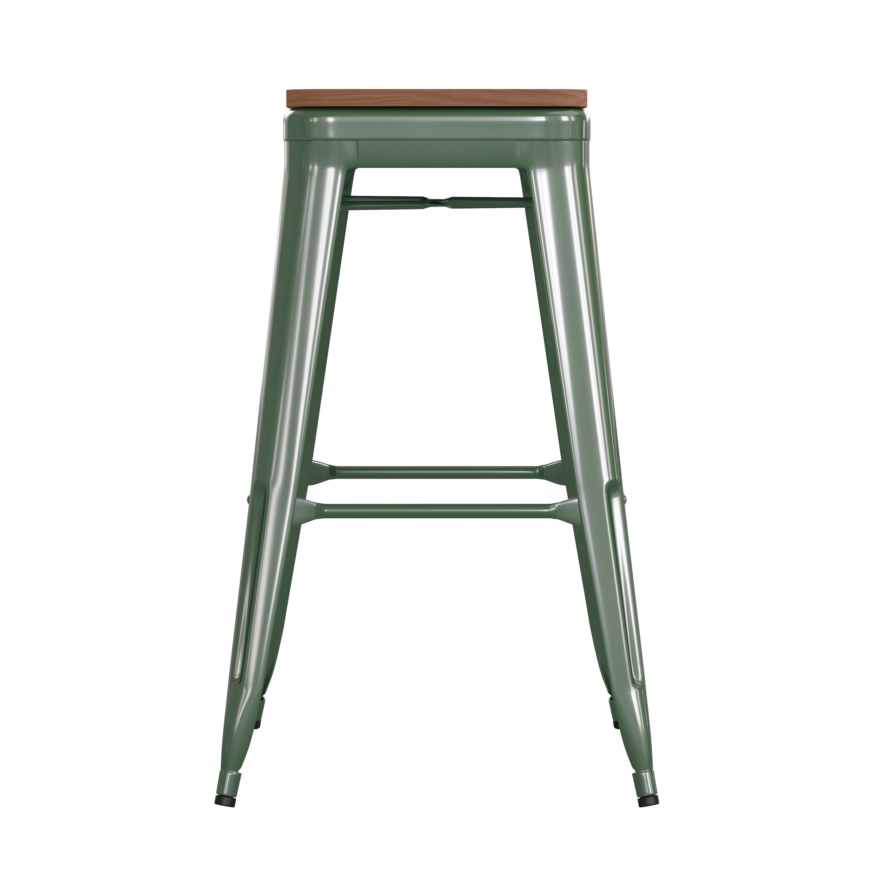 Kai Commercial Grade 30" High Backless Green Metal Indoor-Outdoor Barstool with Teak Poly Resin Wood Seat