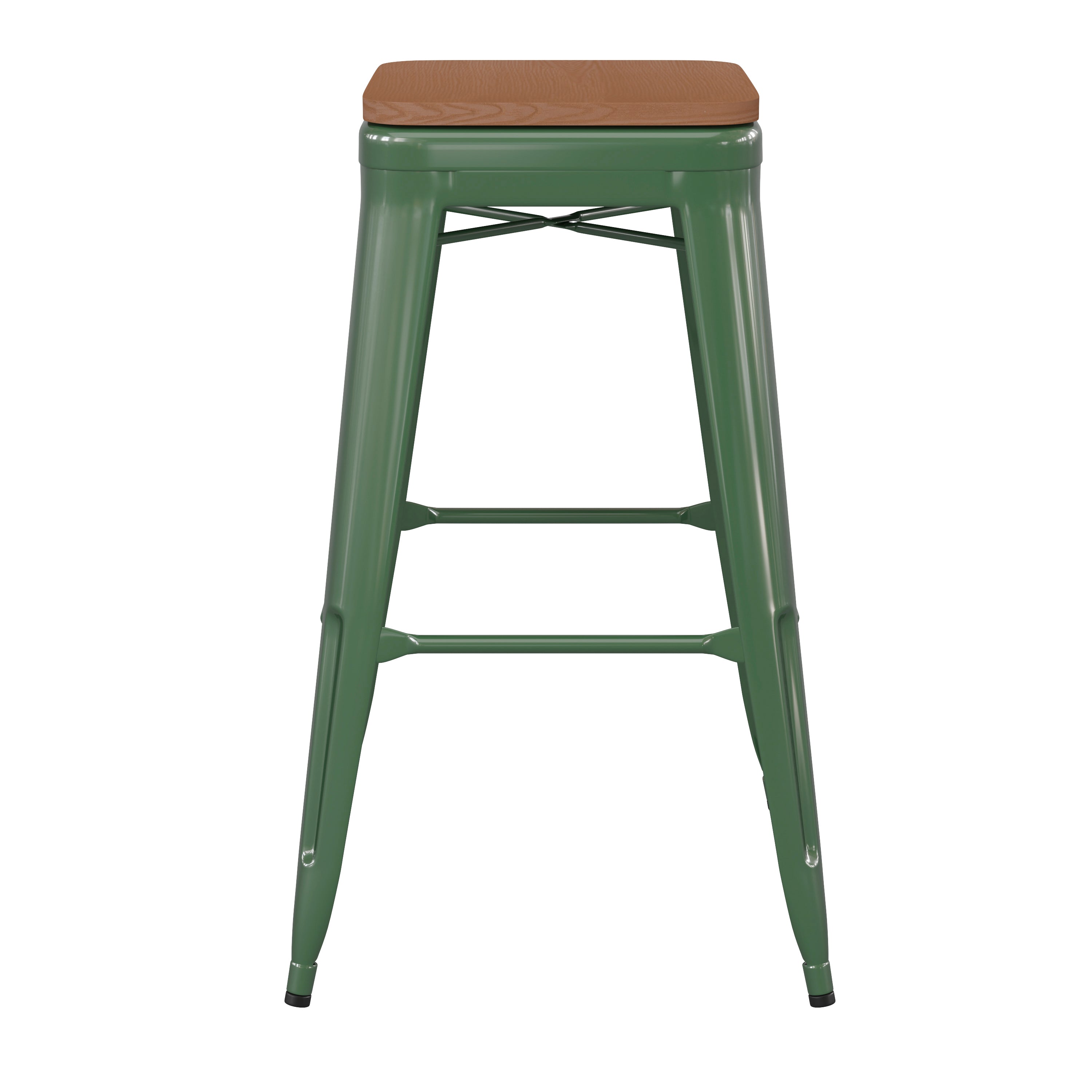 Kai Commercial Grade 30" High Backless Green Metal Indoor-Outdoor Barstool with Teak Poly Resin Wood Seat