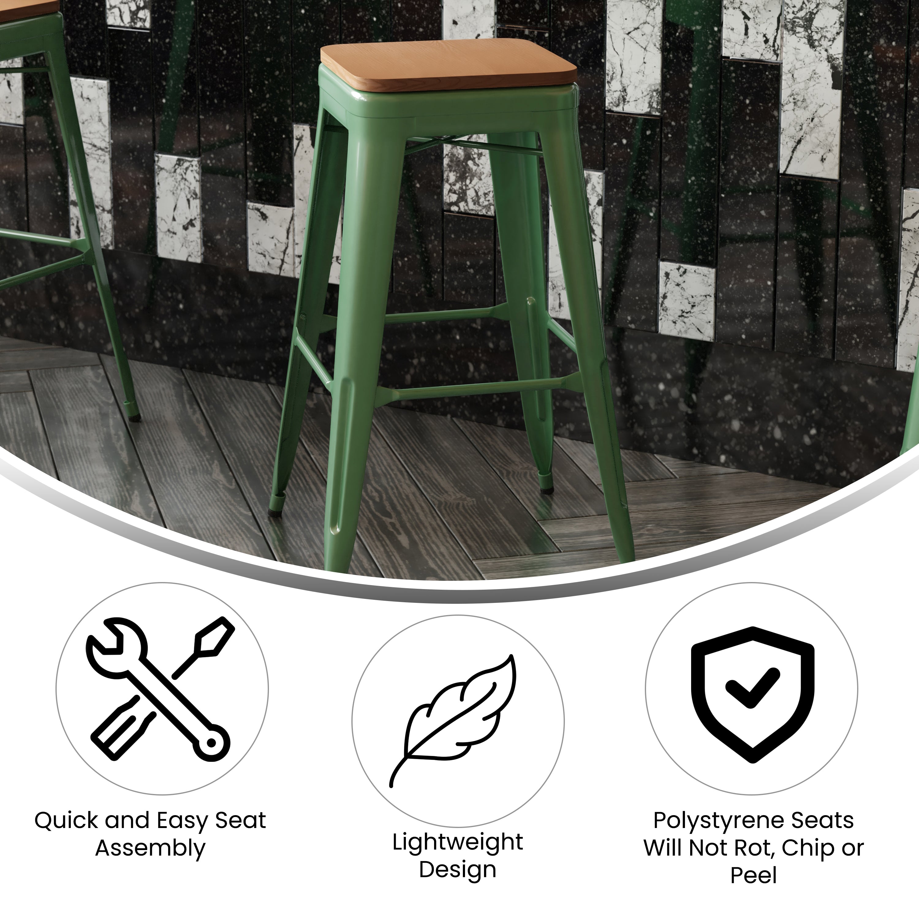 Kai Commercial Grade 30" High Backless Green Metal Indoor-Outdoor Barstool with Teak Poly Resin Wood Seat