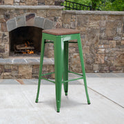 Lily 30" High Backless Green Metal Barstool with Square Wood Seat