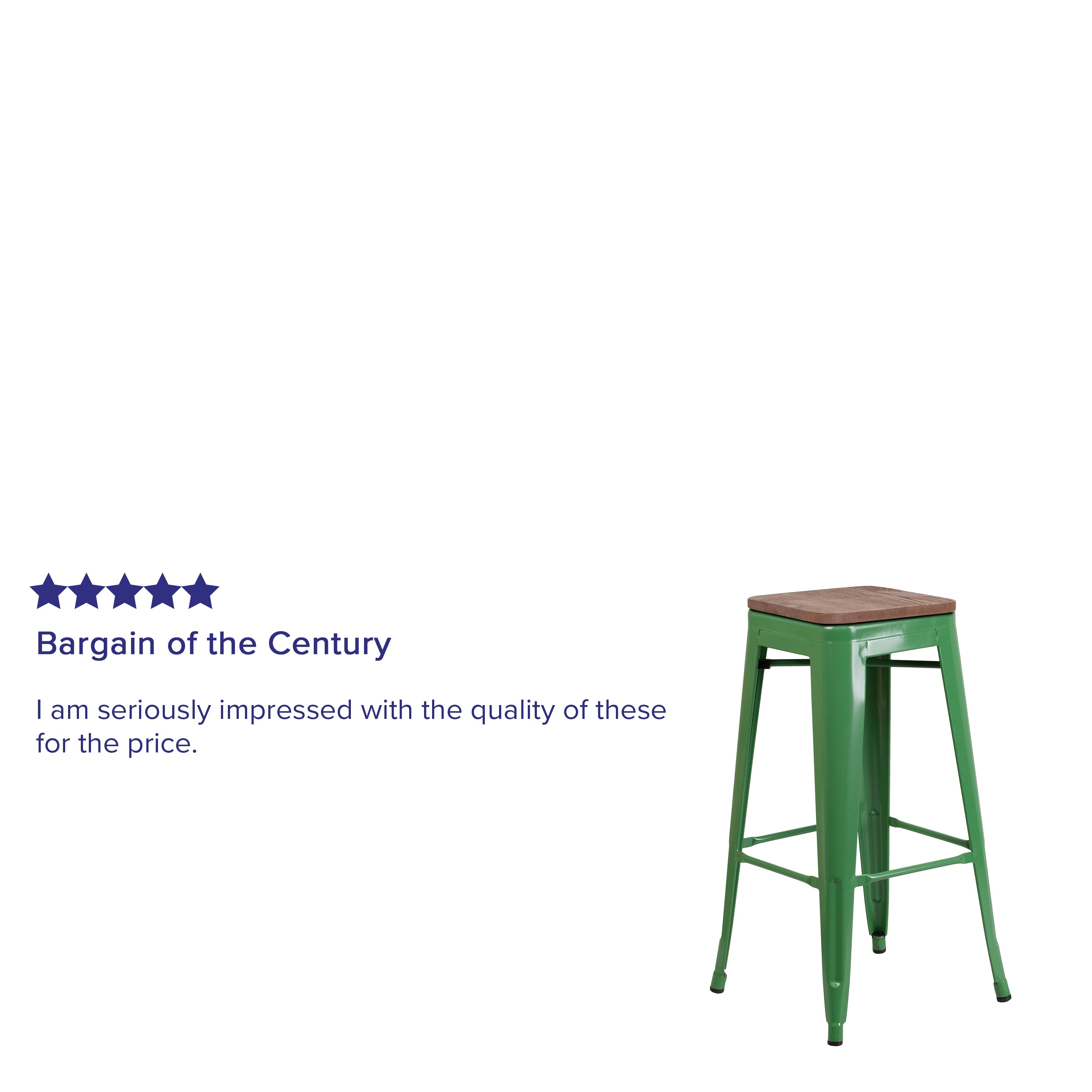 Lily 30" High Backless Green Metal Barstool with Square Wood Seat