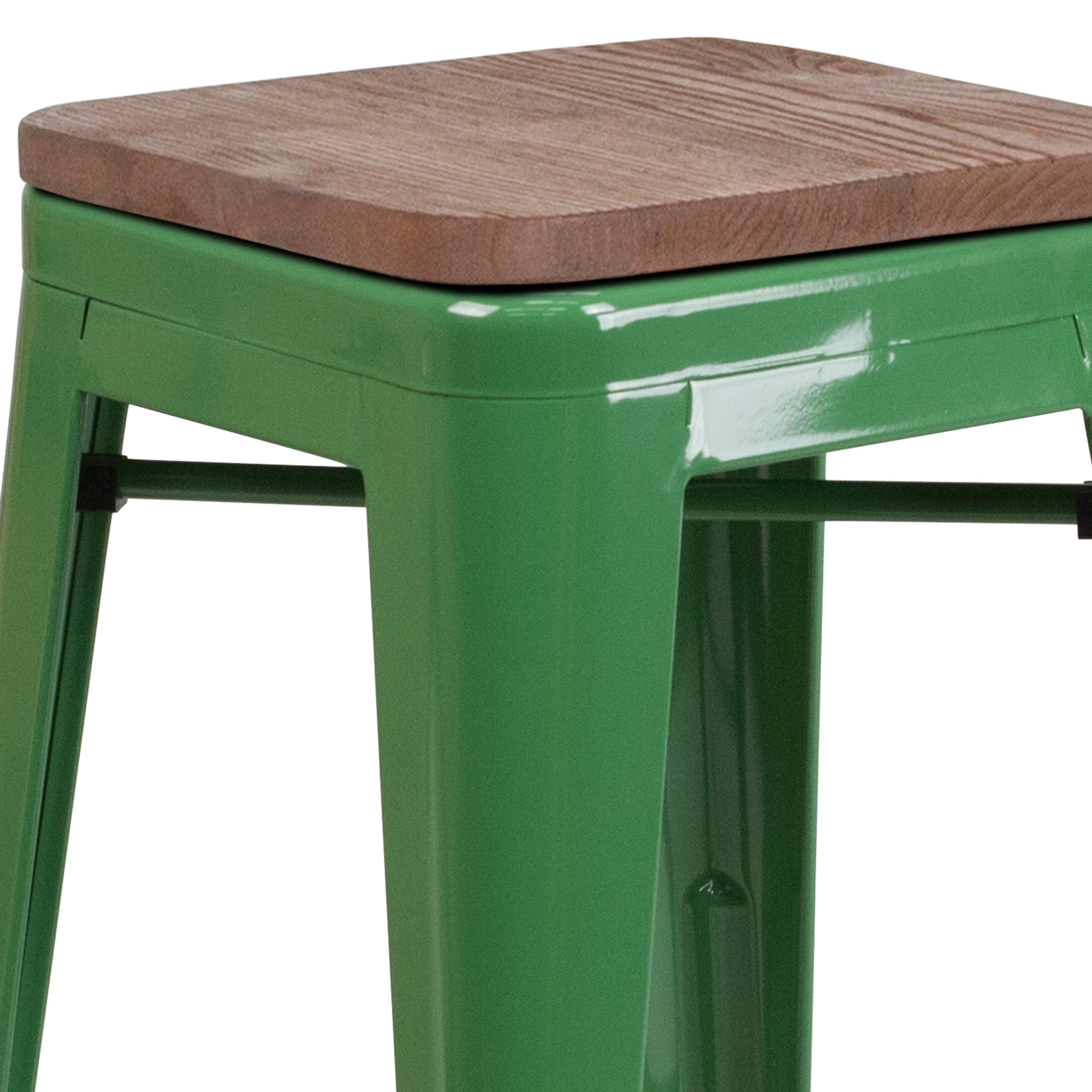 Lily 30" High Backless Green Metal Barstool with Square Wood Seat