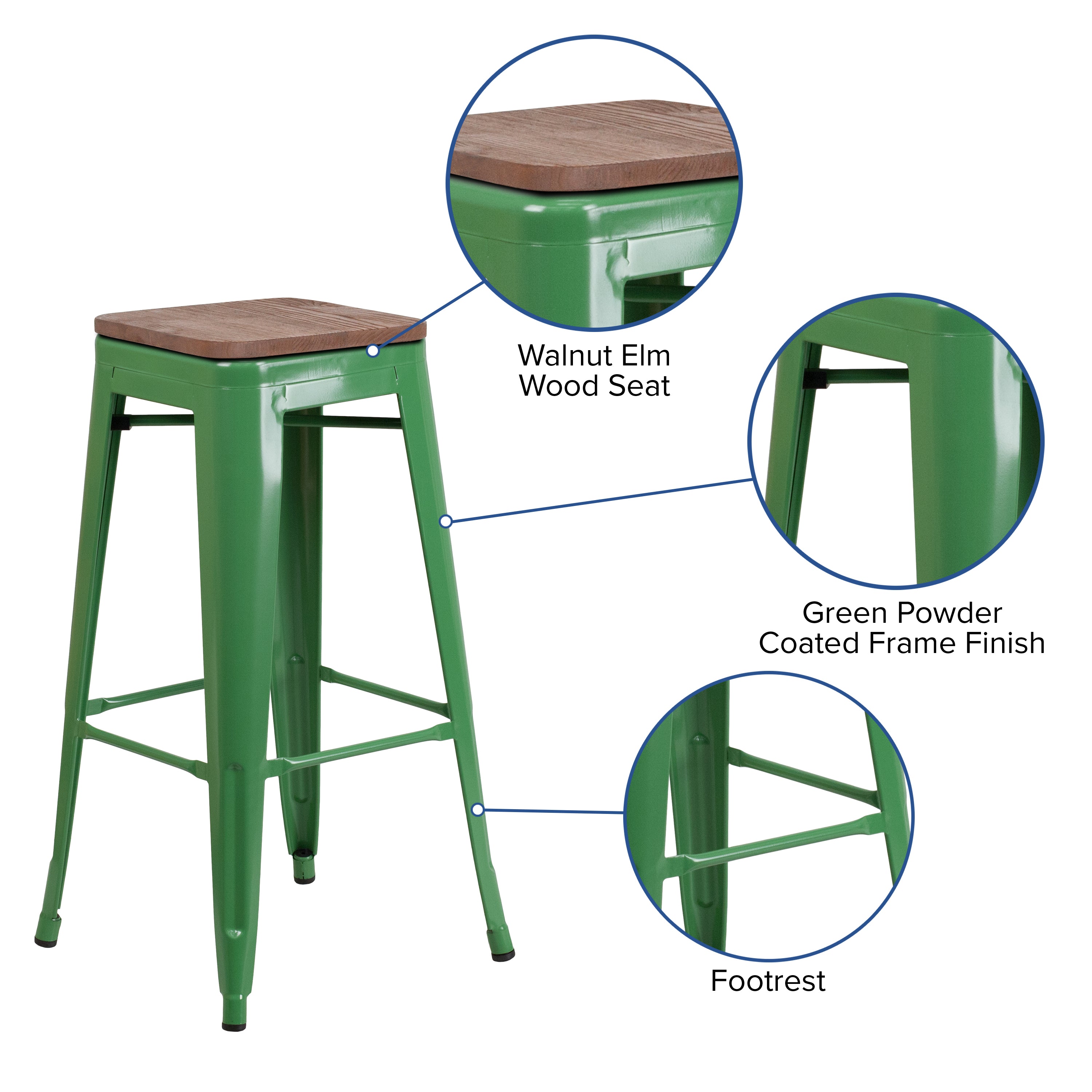 Lily 30" High Backless Green Metal Barstool with Square Wood Seat