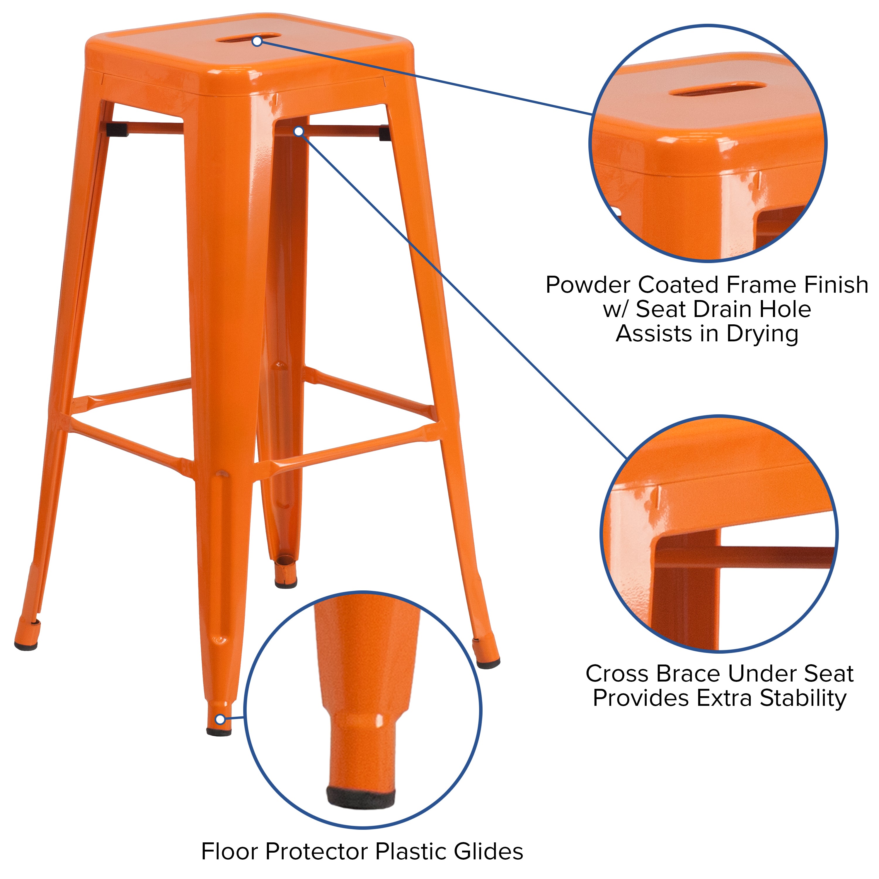 Kai Commercial Grade 30" High Backless Orange Metal Indoor-Outdoor Barstool with Square Seat