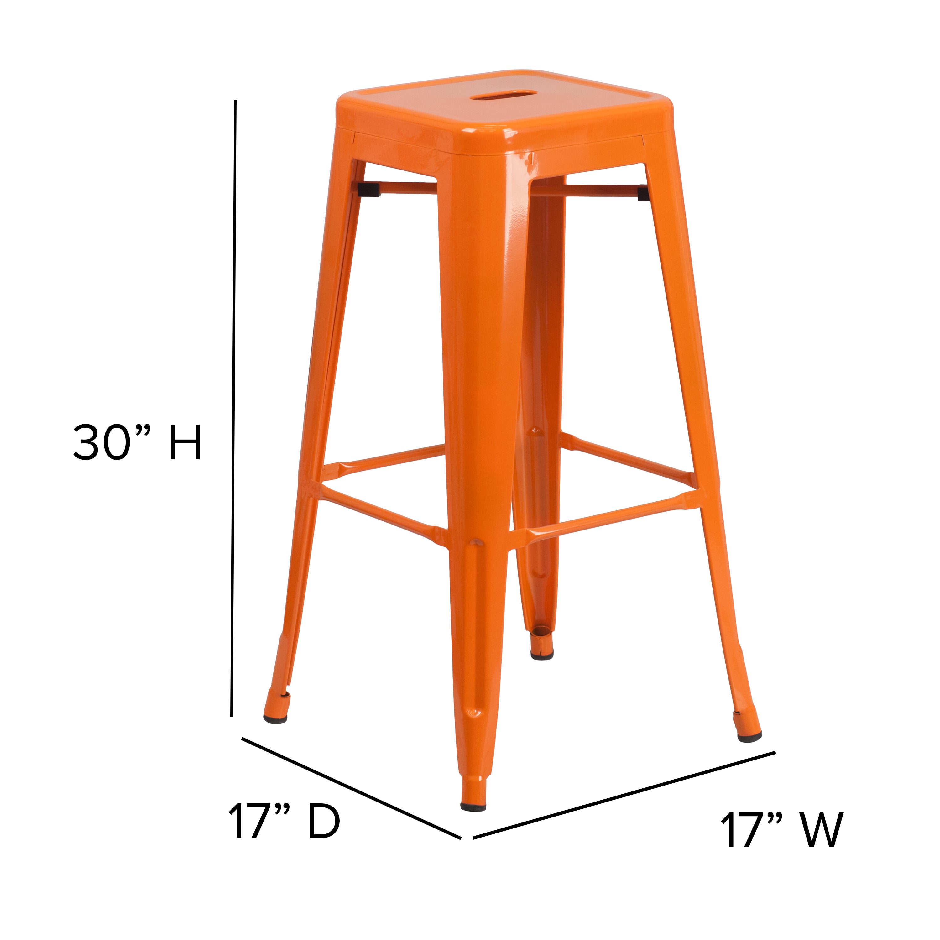 Kai Commercial Grade 30" High Backless Orange Metal Indoor-Outdoor Barstool with Teak Poly Resin Wood Seat