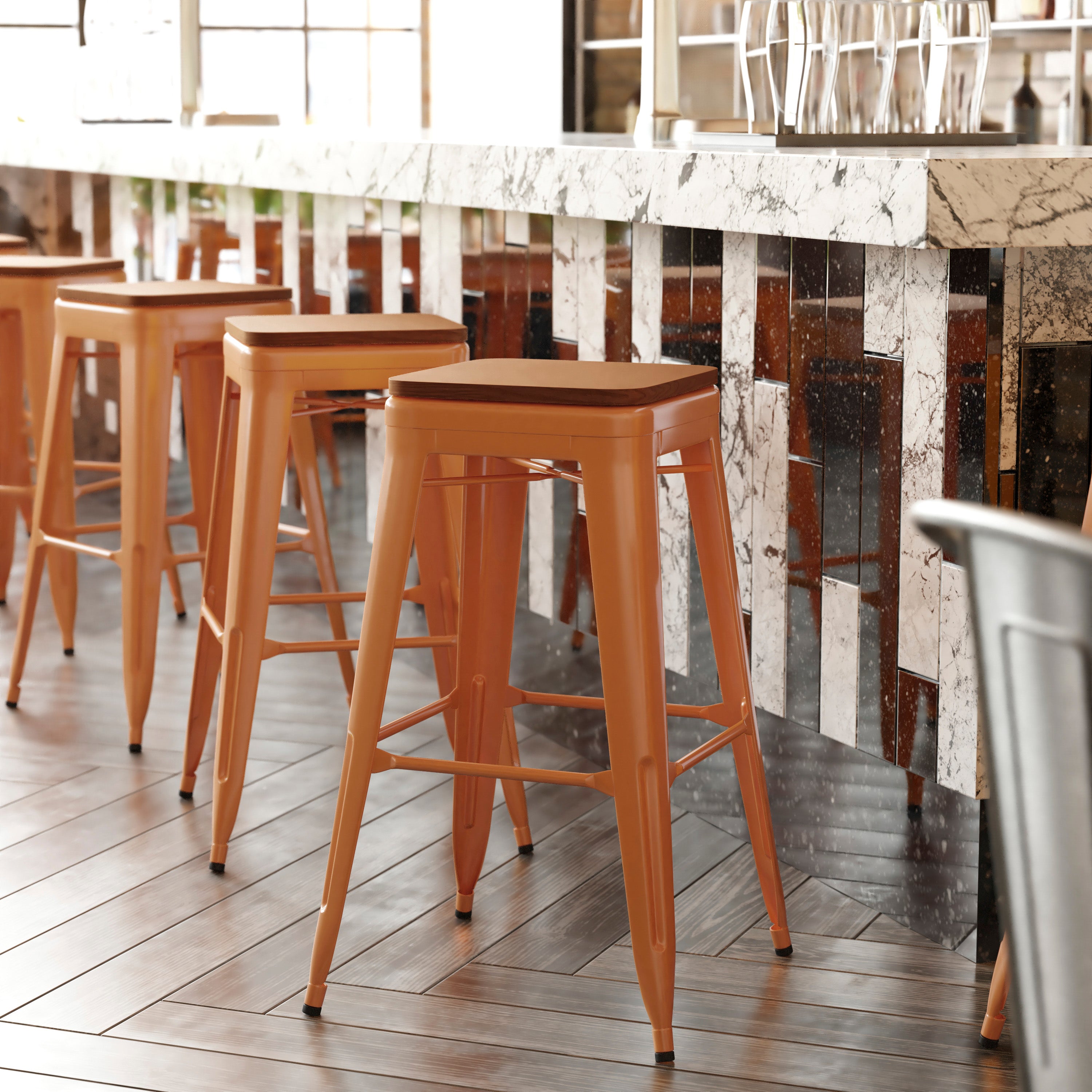 Kai Commercial Grade 30" High Backless Orange Metal Indoor-Outdoor Barstool with Teak Poly Resin Wood Seat