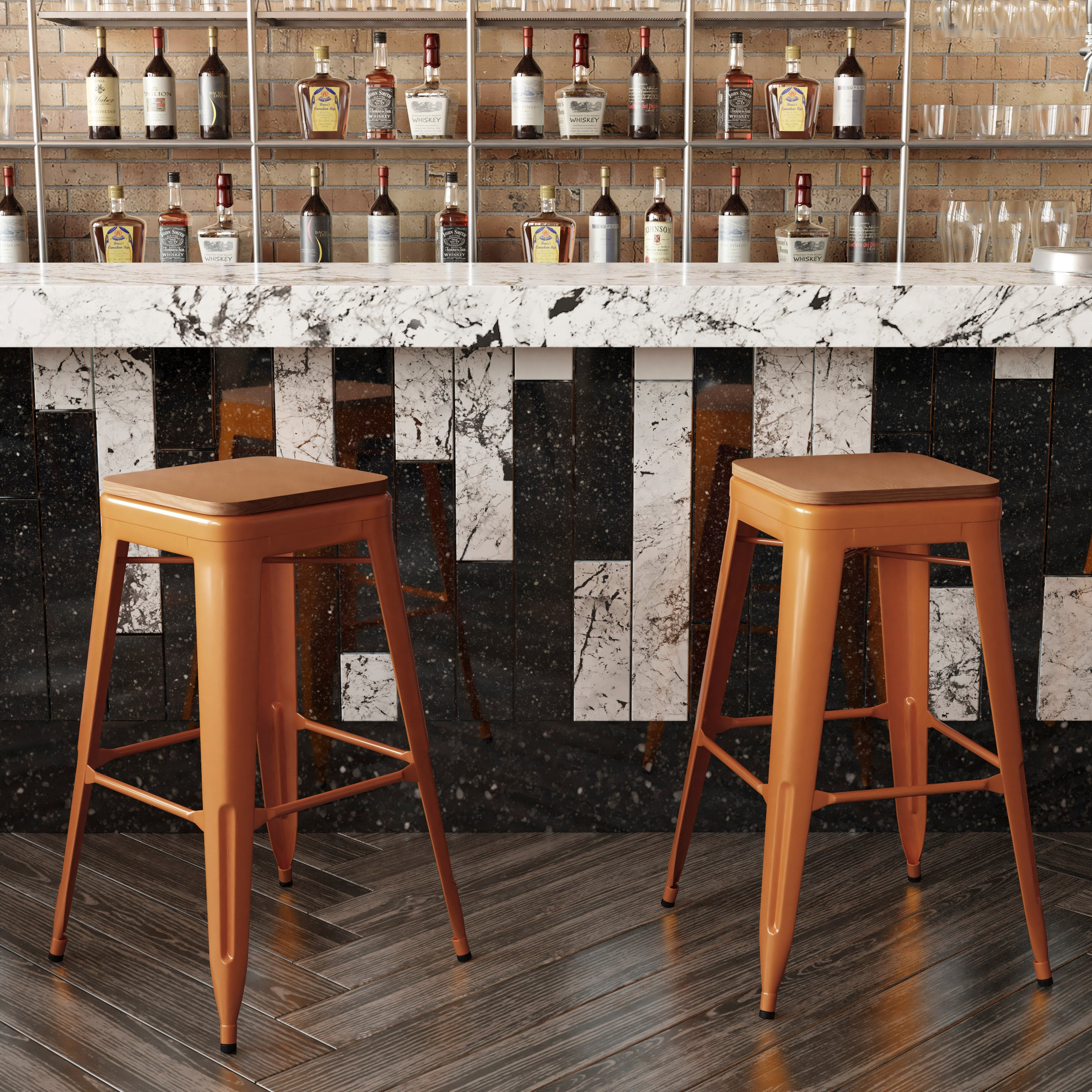 Kai Commercial Grade 30" High Backless Orange Metal Indoor-Outdoor Barstool with Teak Poly Resin Wood Seat