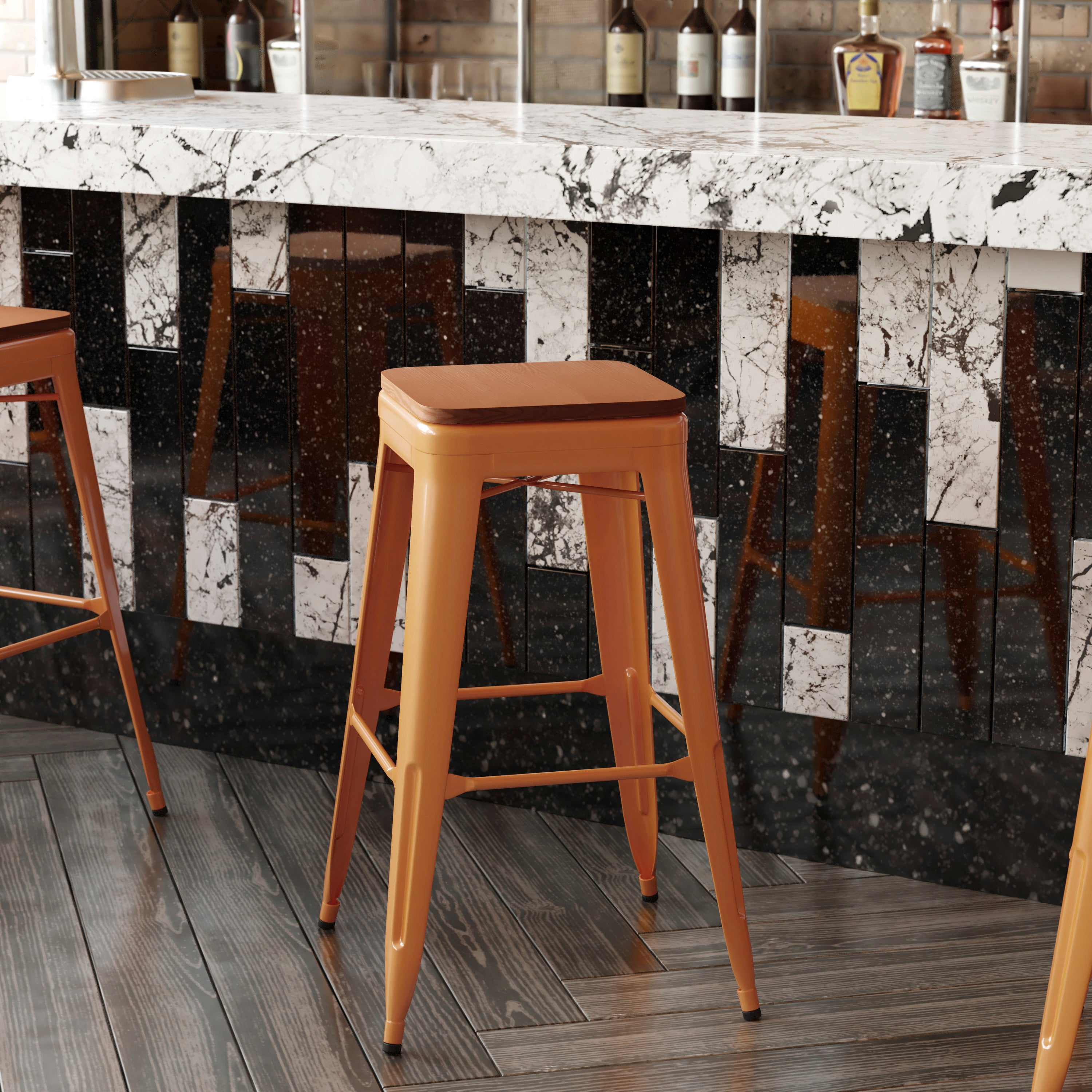 Kai Commercial Grade 30" High Backless Orange Metal Indoor-Outdoor Barstool with Teak Poly Resin Wood Seat