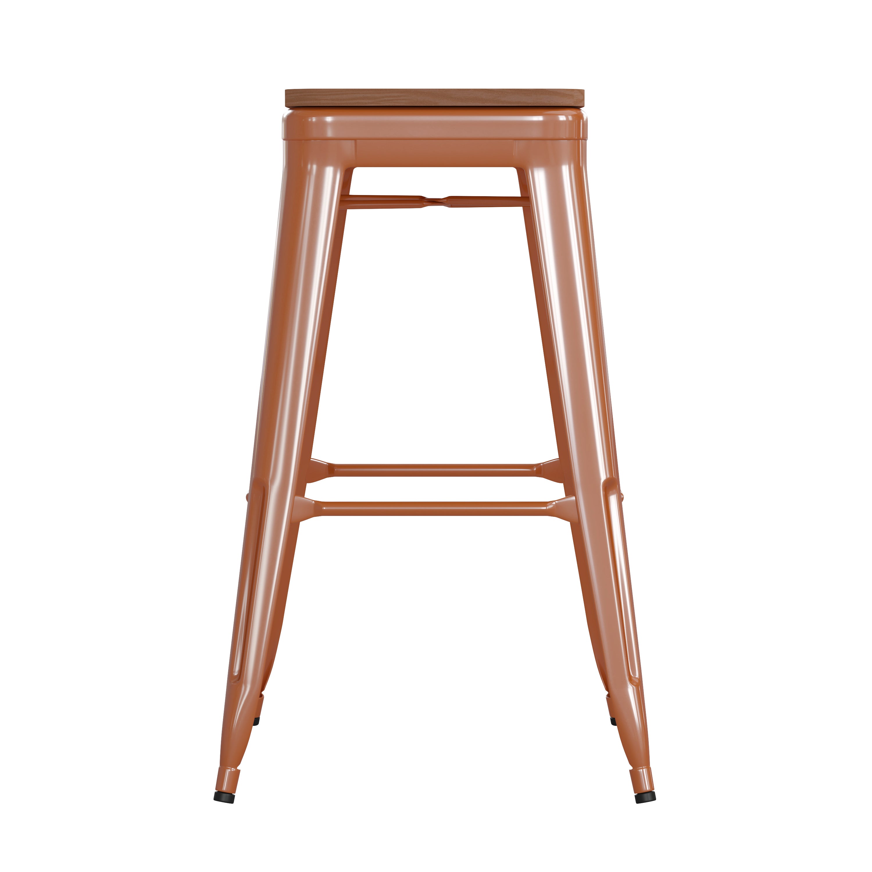 Kai Commercial Grade 30" High Backless Orange Metal Indoor-Outdoor Barstool with Teak Poly Resin Wood Seat