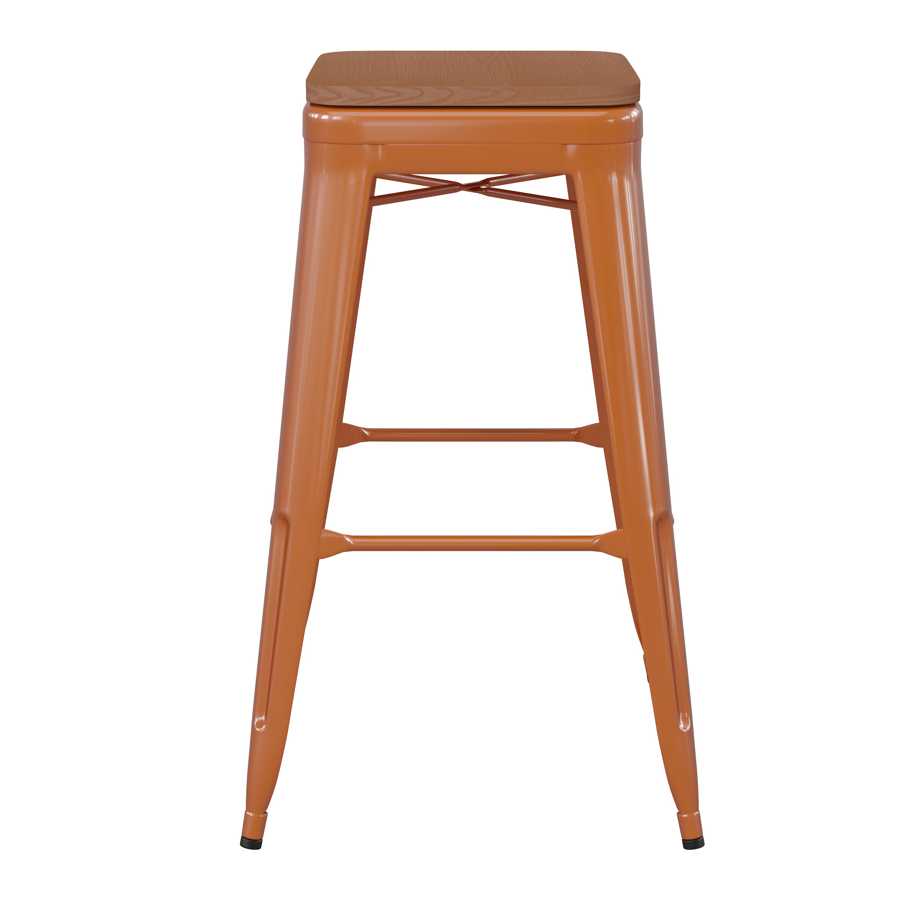 Kai Commercial Grade 30" High Backless Orange Metal Indoor-Outdoor Barstool with Teak Poly Resin Wood Seat