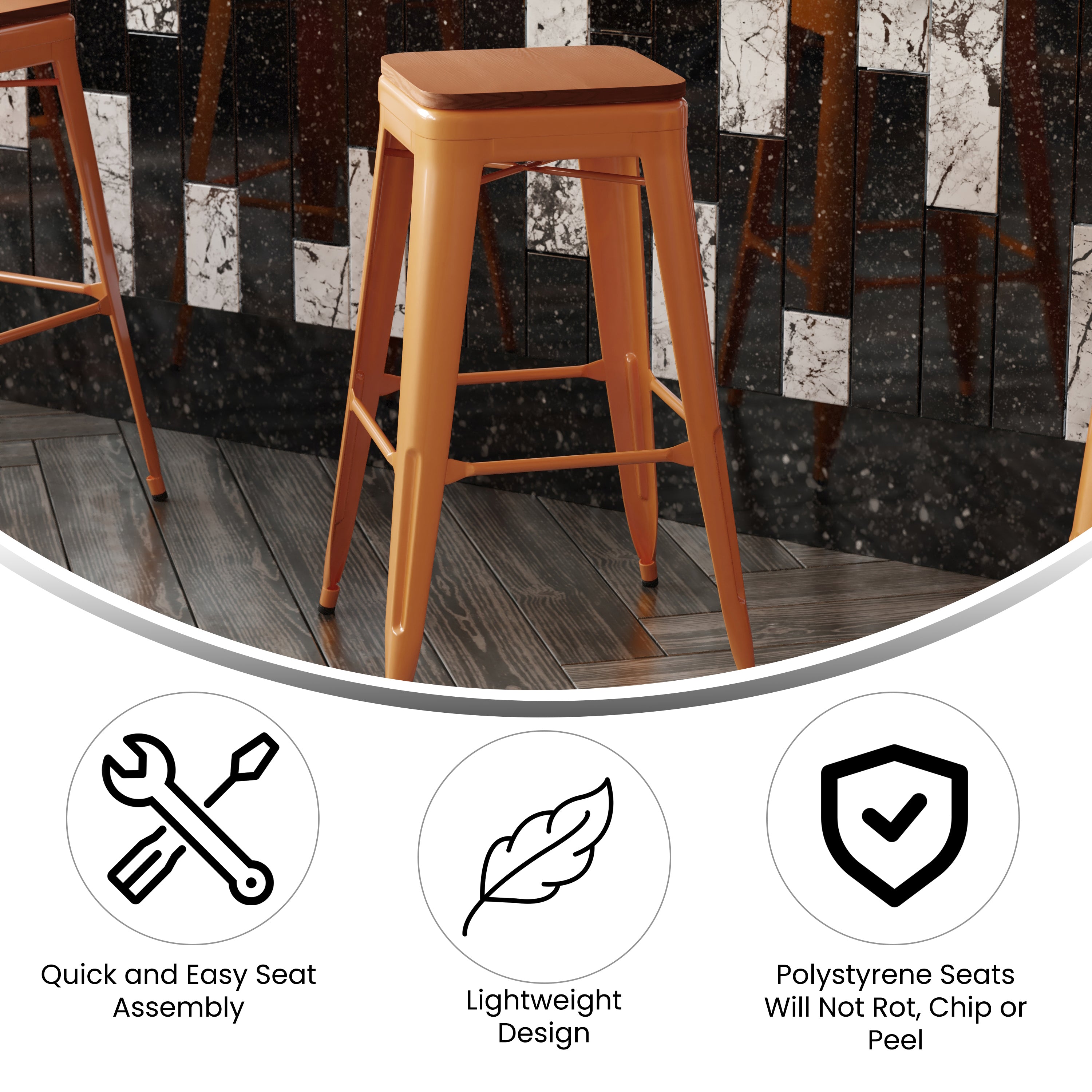 Kai Commercial Grade 30" High Backless Orange Metal Indoor-Outdoor Barstool with Teak Poly Resin Wood Seat