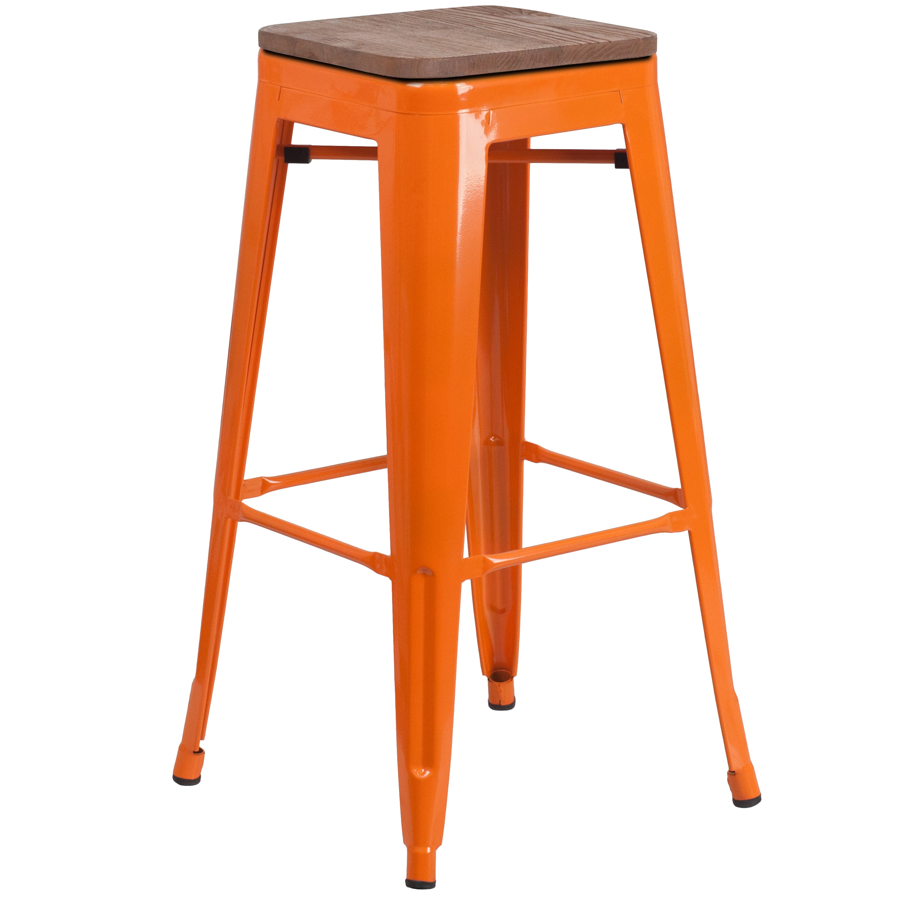 Lily 30" High Backless Orange Metal Barstool with Square Wood Seat