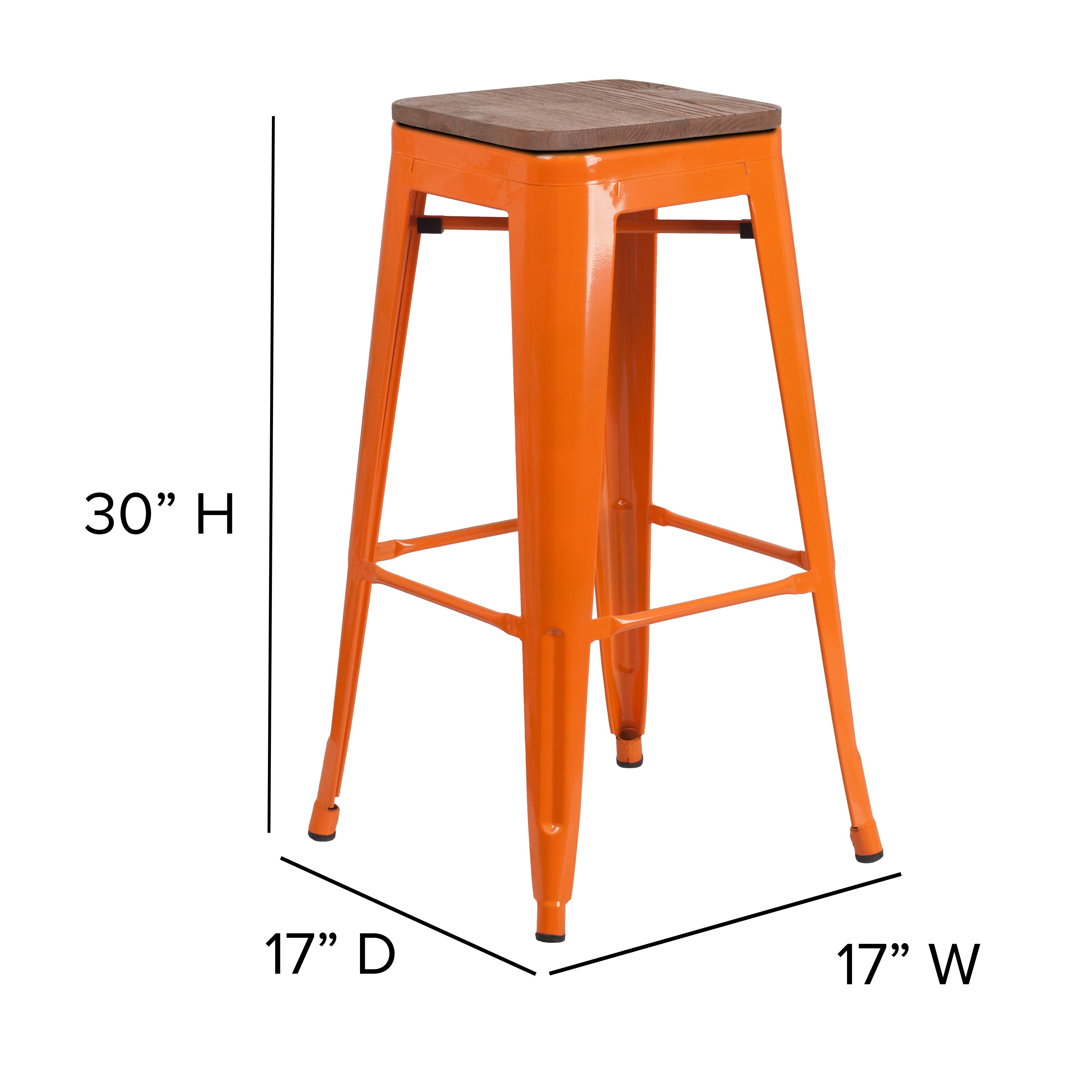 Lily 30" High Backless Orange Metal Barstool with Square Wood Seat