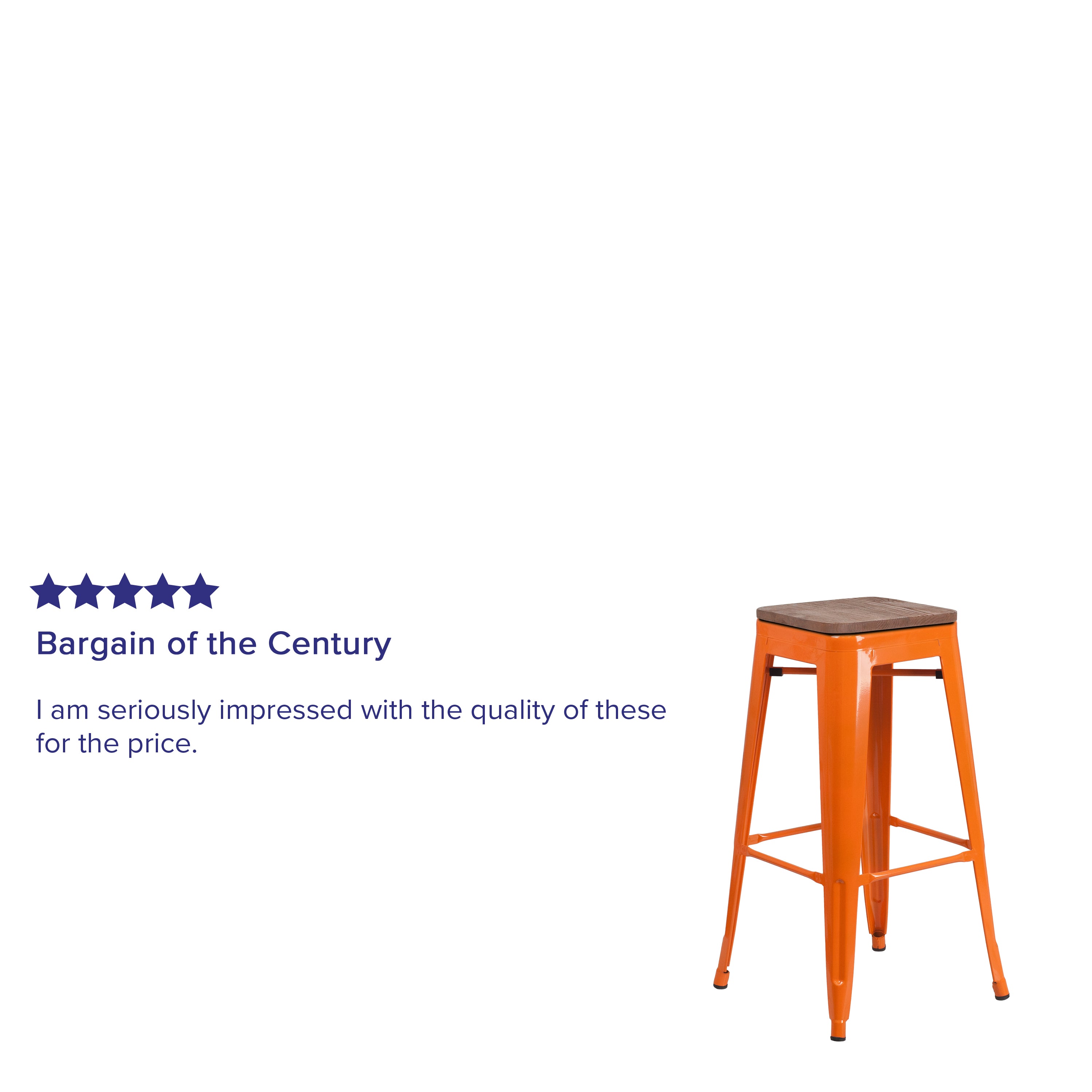 Lily 30" High Backless Orange Metal Barstool with Square Wood Seat