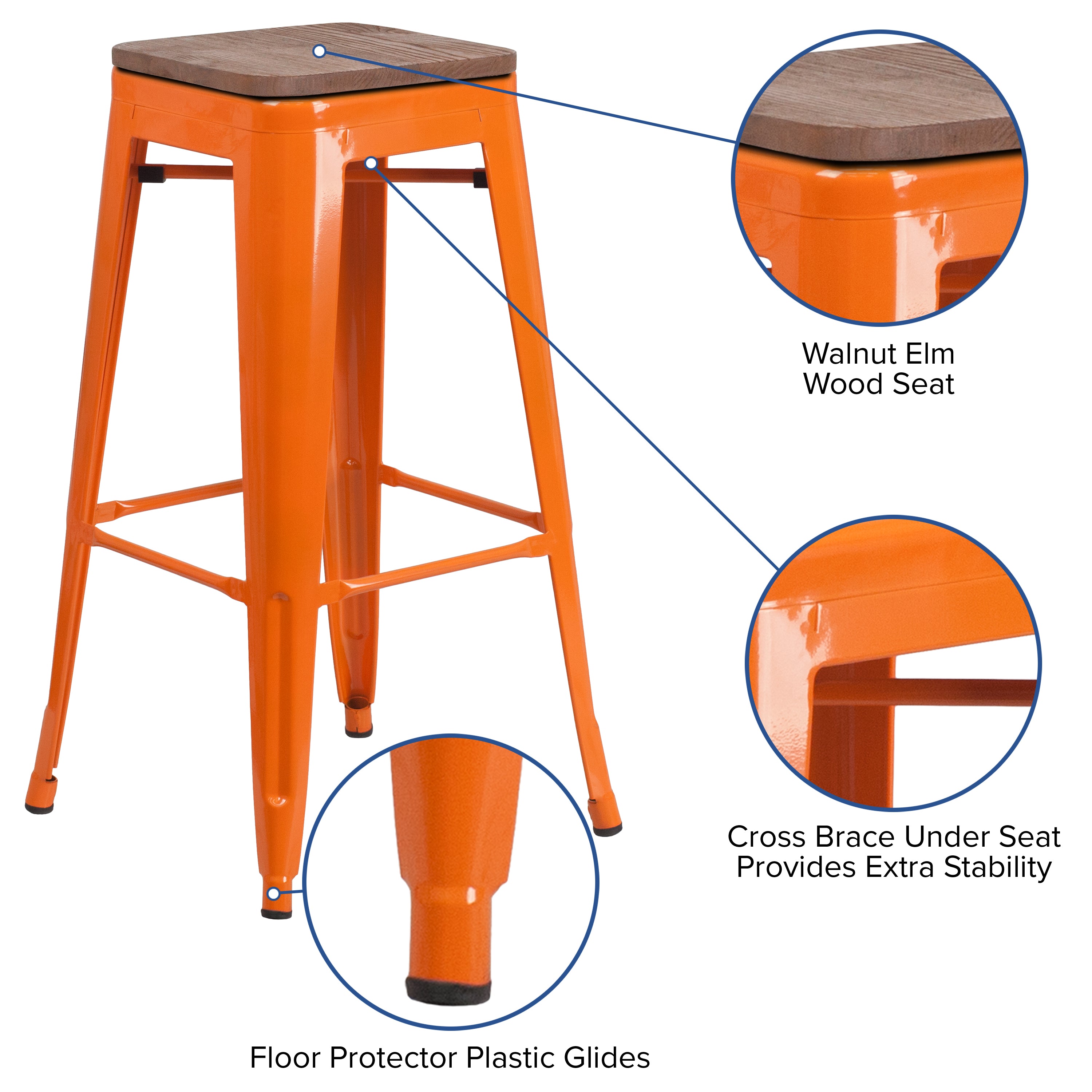 Lily 30" High Backless Orange Metal Barstool with Square Wood Seat
