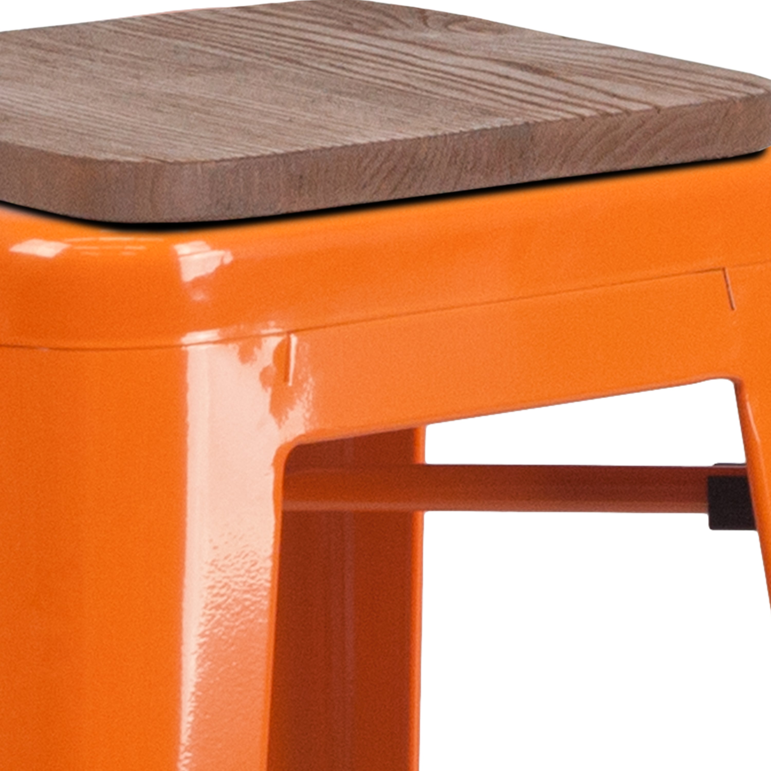 Lily 30" High Backless Orange Metal Barstool with Square Wood Seat